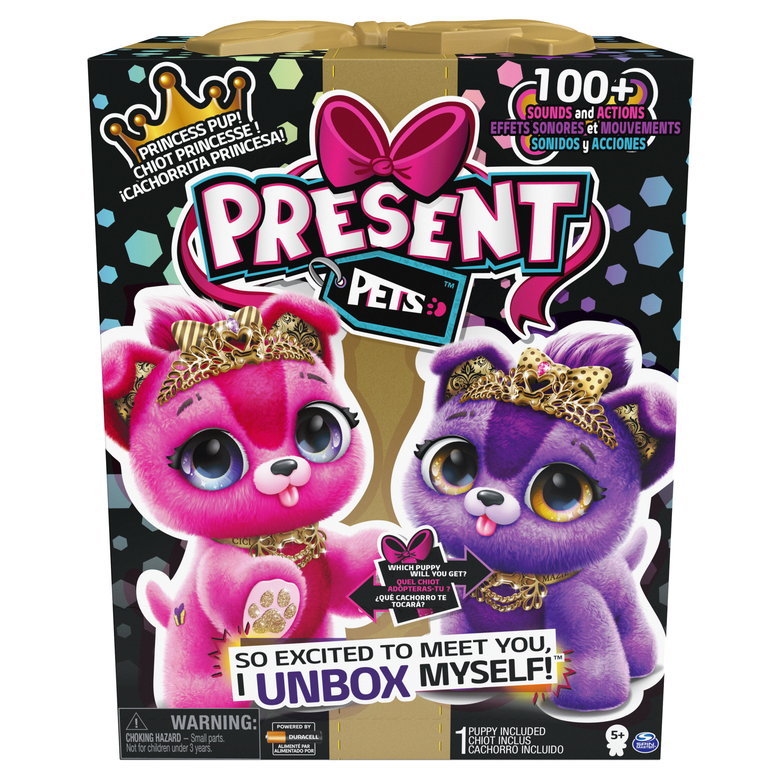 Scatola con giocattoli a forma di cucciolo rosa e viola, con corone d'oro. Testo: 'Present Pets' e 'Unbox Myself'.