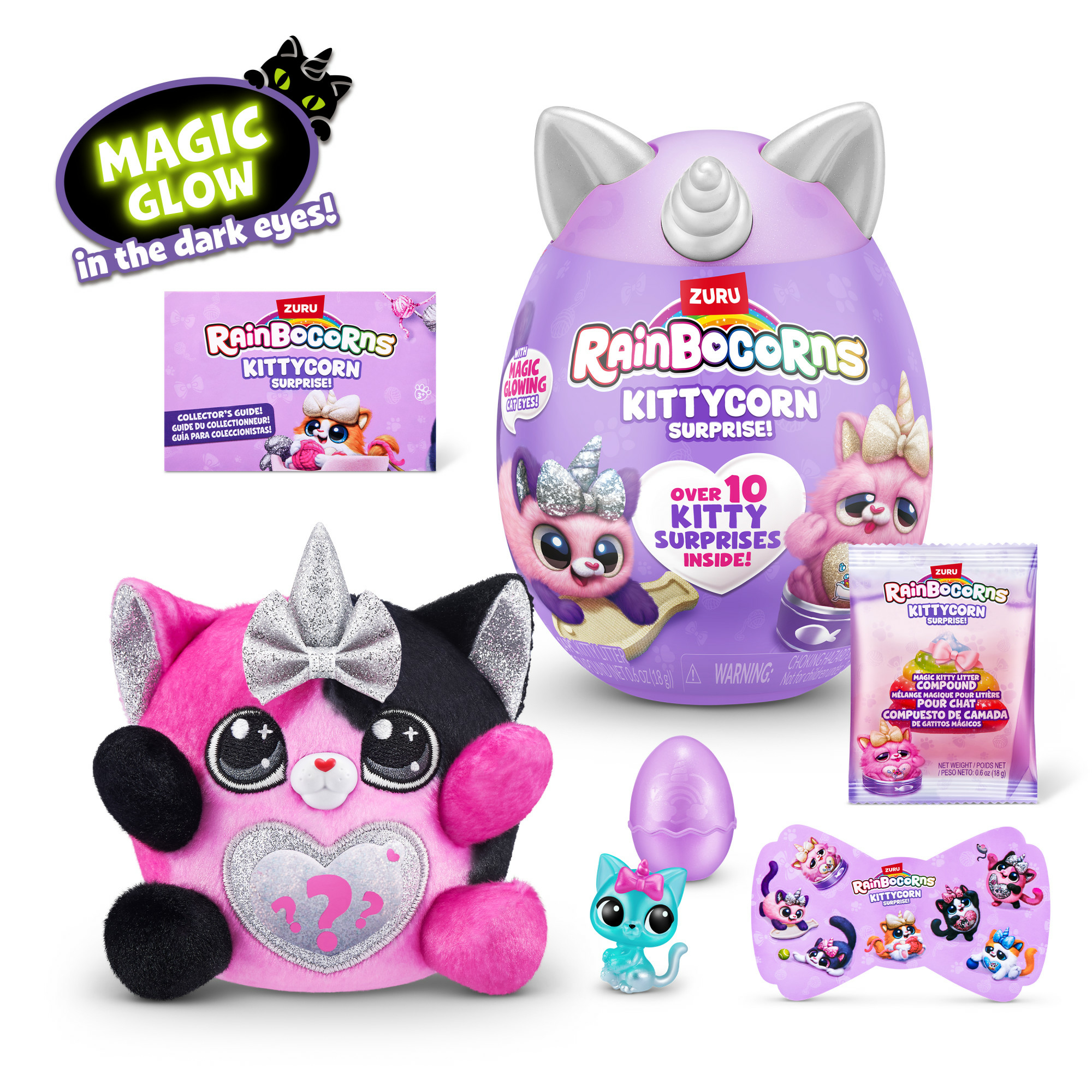 Das Bild zeigt Rainbocorns Kittycorn-Spielzeuge. Enthält Plüsch, Ei, Figuren und Verpackung mit Text und Illustrationen.