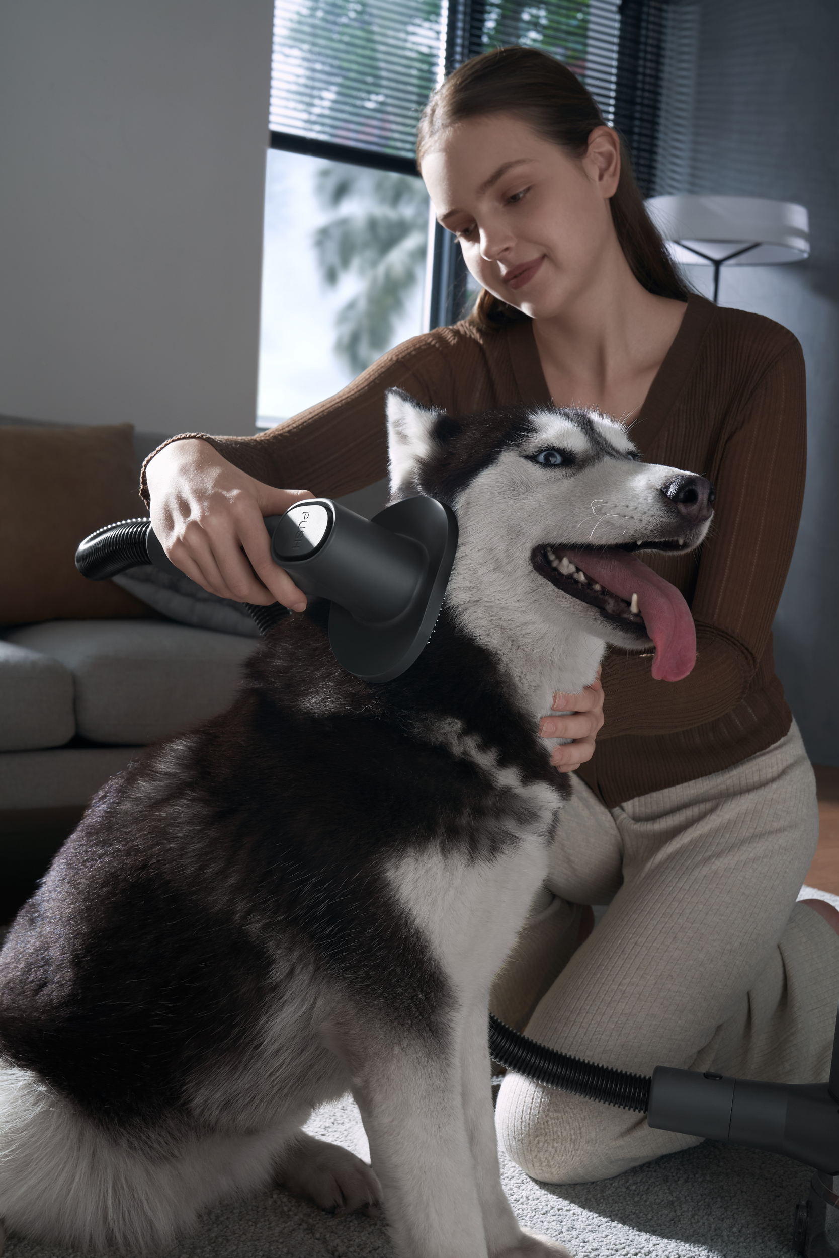 Kobieta szczotkuje syberyjskiego husky'ego czarnym narzędziem do pielęgnacji w pomieszczeniu. Pies ma język na wierzchu.