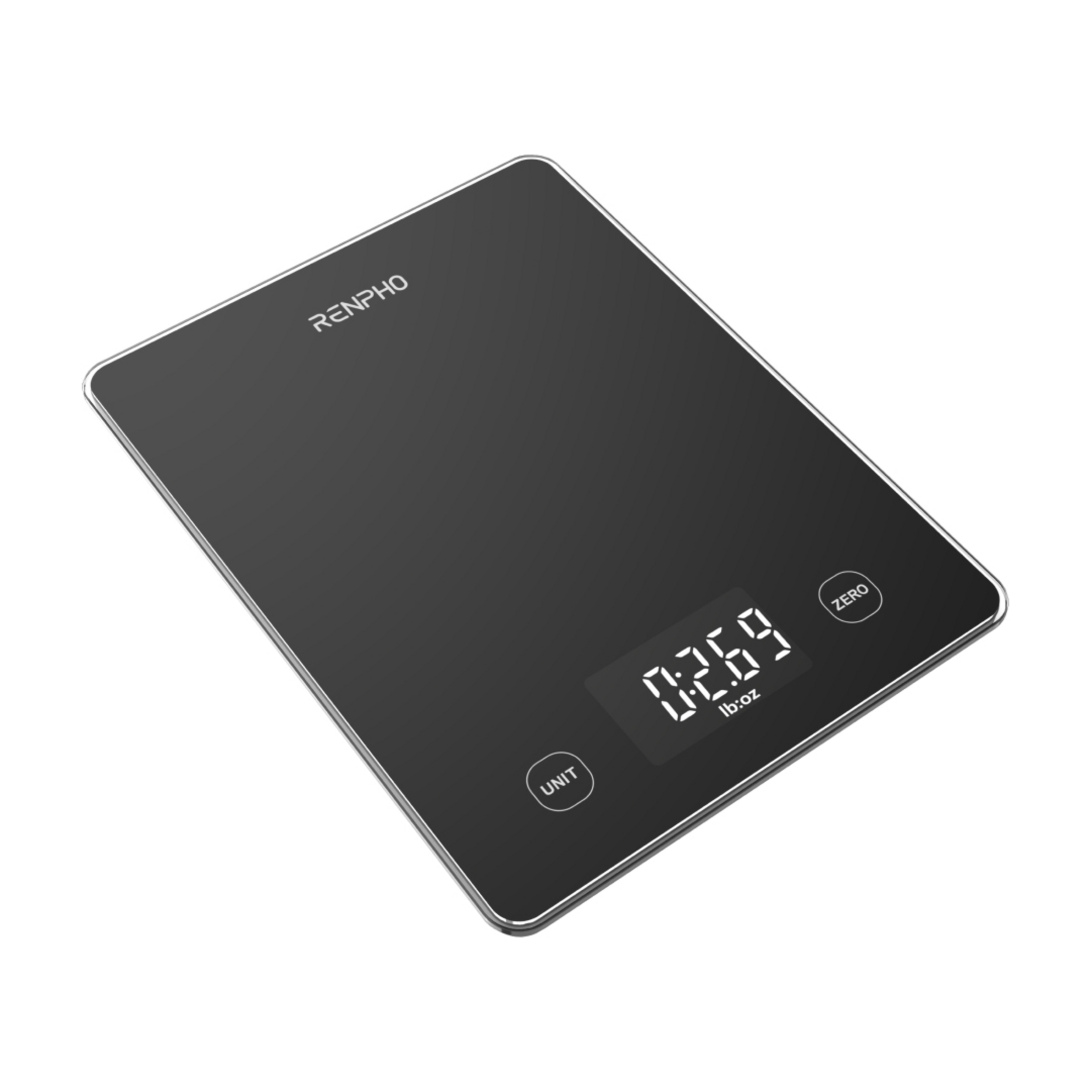 Een zwarte digitale keukenweegschaal van RENPHO met een display van 0:26.9 lb:oz en unit- en nulknoppen.
