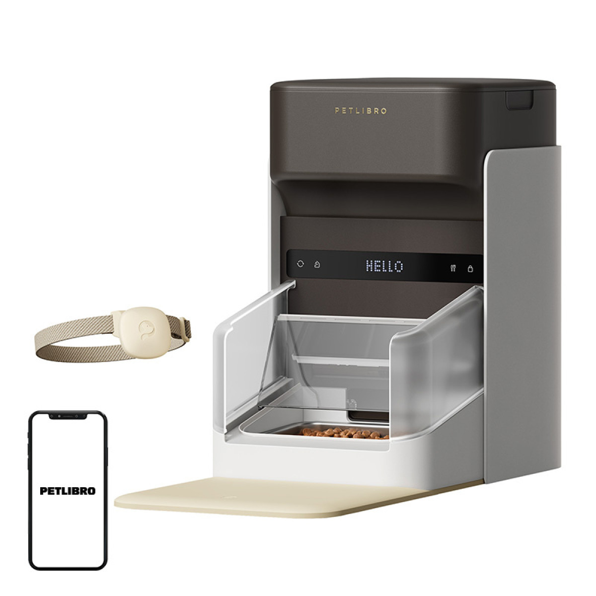 Inteligentny podajnik karmy dla zwierząt Petlibro z obrożą i telefonem. Podajnik wyświetla "HELLO". Obroża jest beżowa, podajnik szary i brązowy.