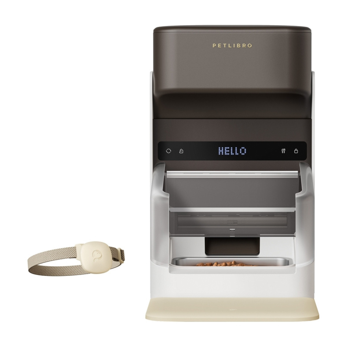 Automatyczny karmnik PetLibro z jedzeniem i obrożą. Karmnik wyświetla "HELLO". Jest biały i brązowy. Obroża jest beżowa.