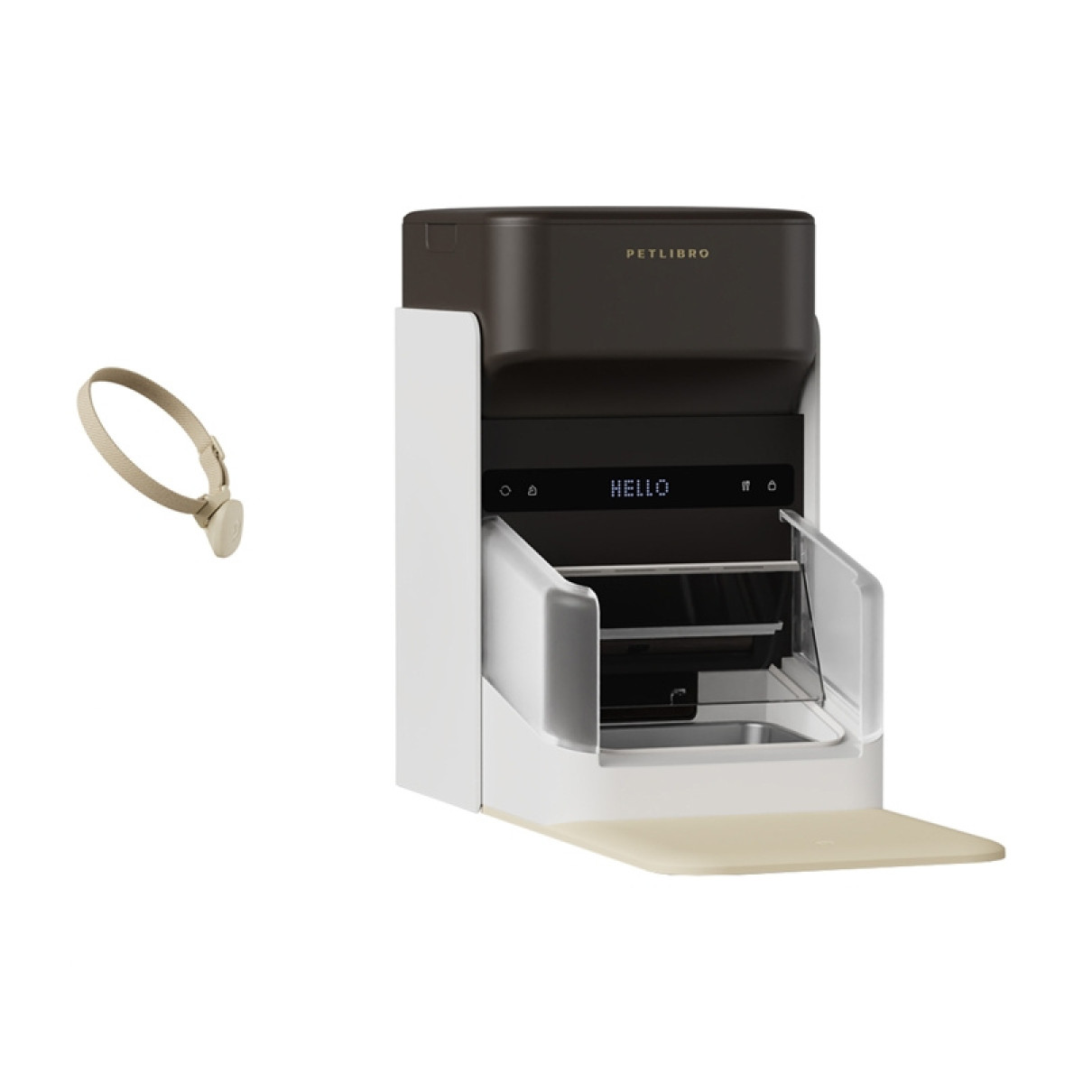 Biały i brązowy podajnik karmy dla zwierząt PETLIBRO z beżową obrożą. Podajnik wyświetla 'HELLO'. Podajnik ma tacę na jedzenie.