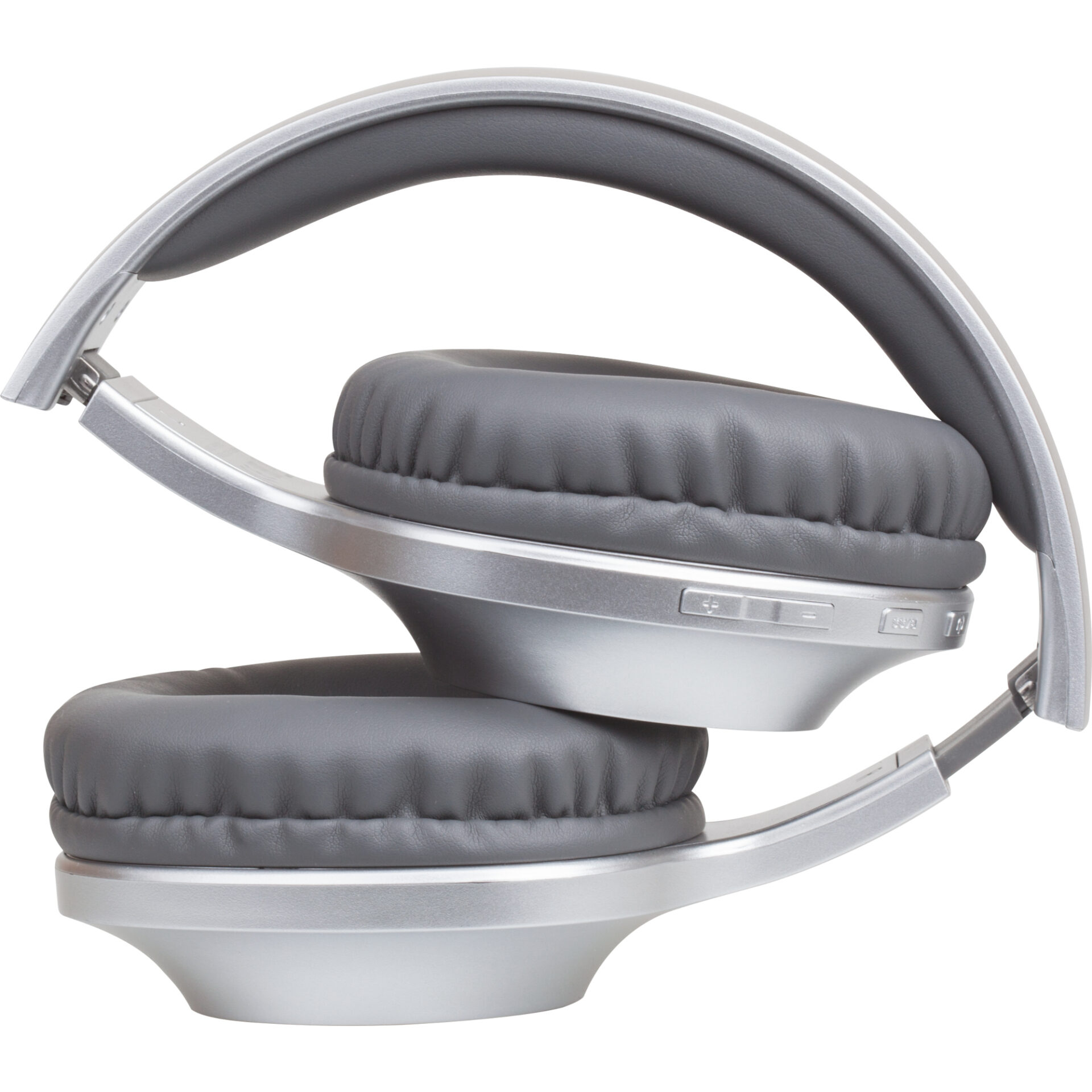 Srebrno-szare słuchawki, złożone. Szare nauszniki i pałąk. Przyciski głośności na prawym nauszniku.