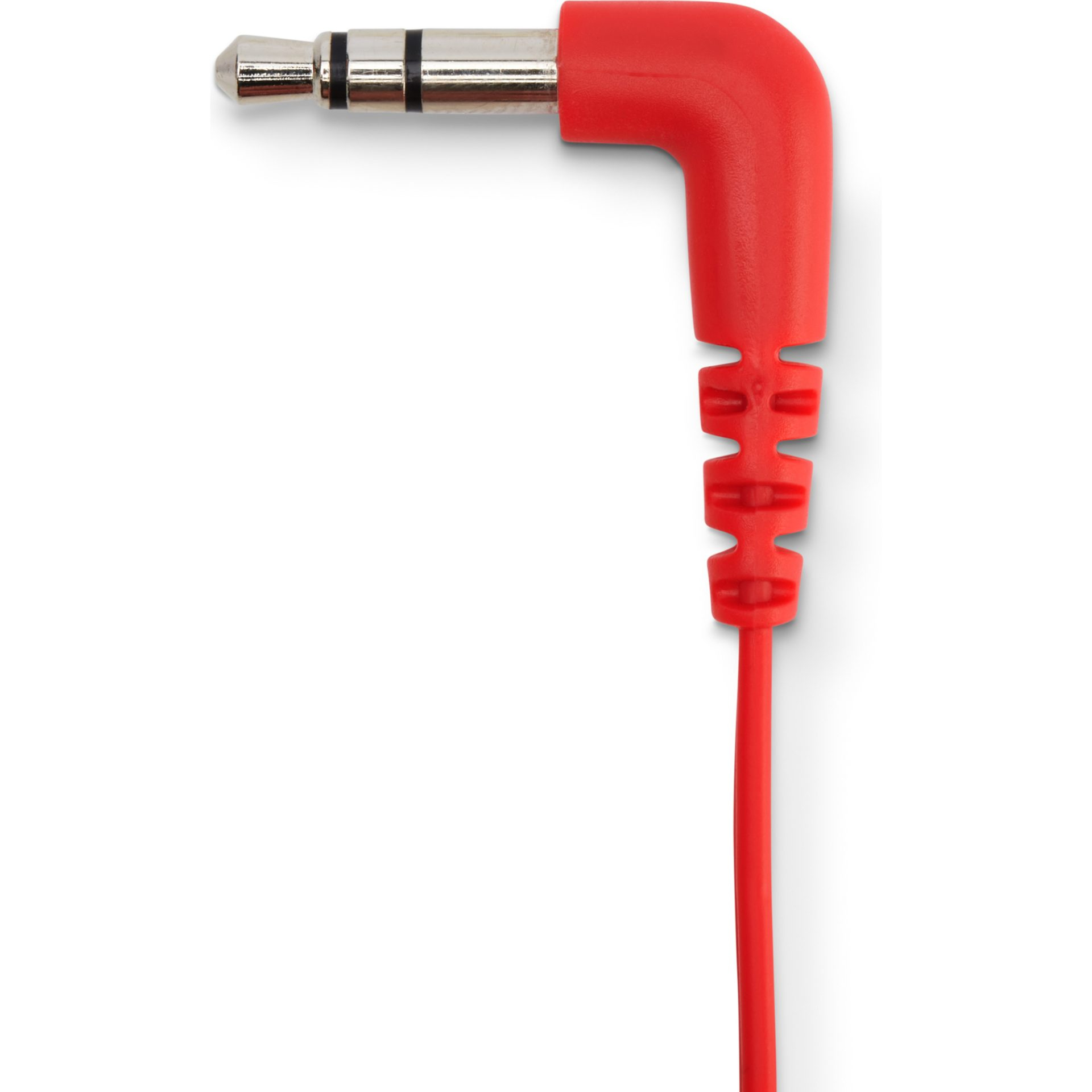 Czerwony kabel audio z srebrną końcówką. Kabel jest zagięty pod kątem prostym.