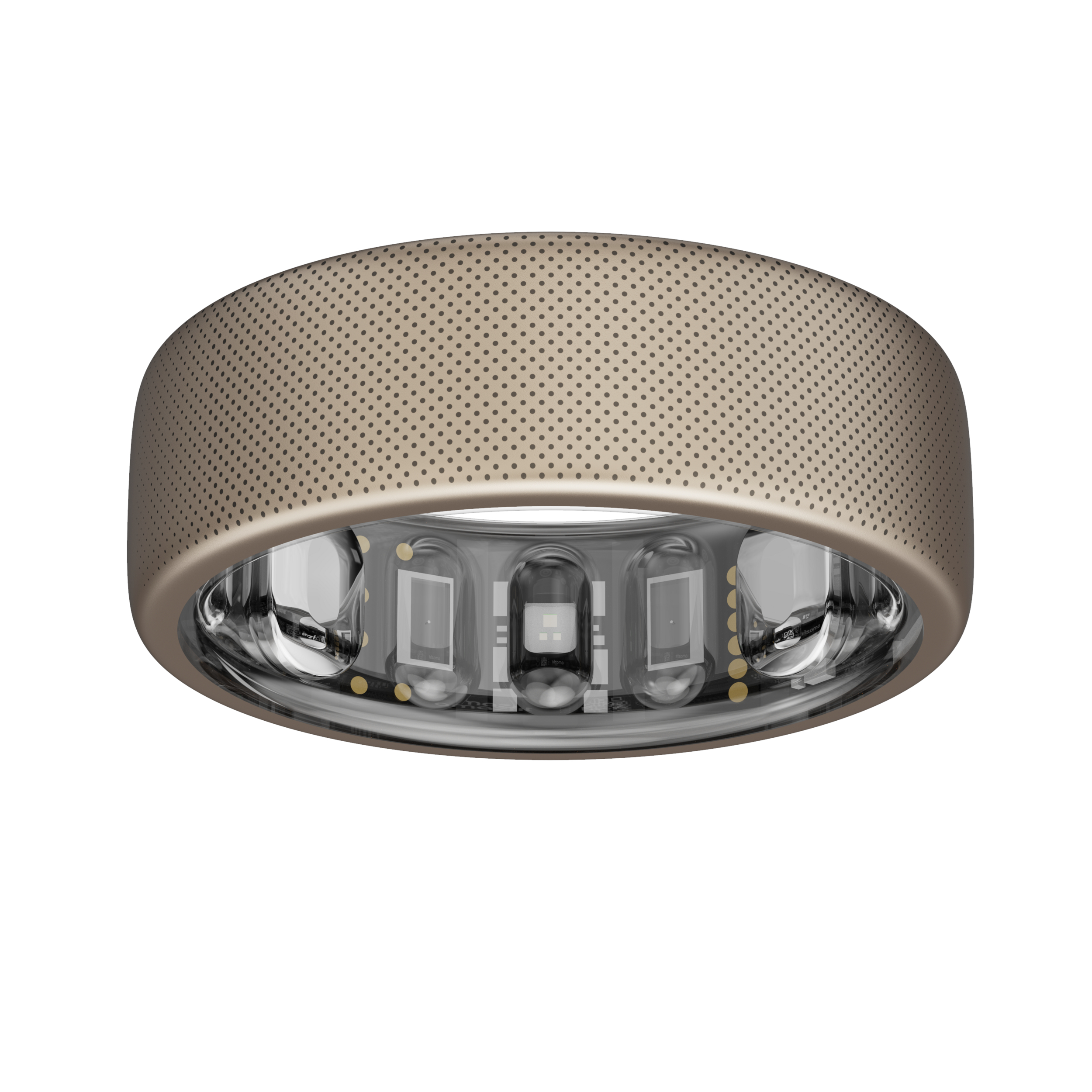 Ein goldfarbener Smartring. Der Ring hat ein perforiertes Band und eine klare, interne Komponente mit eingebetteten Lichtern.