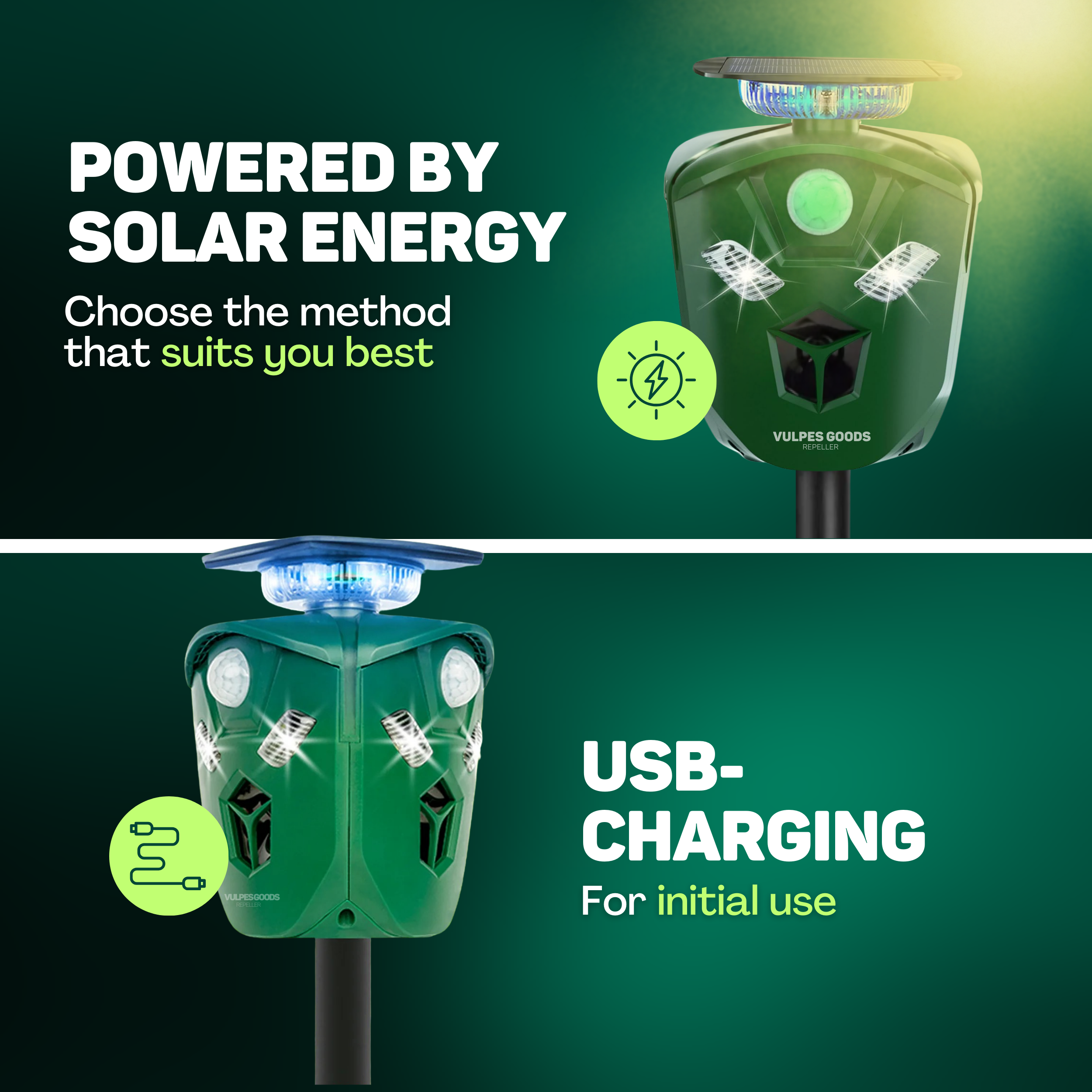 Ein grüner Schädlingsbekämpfer mit Solarpanel. Text: Strom durch Solarenergie, USB-Aufladung. Wähle die Methode, die am besten passt.