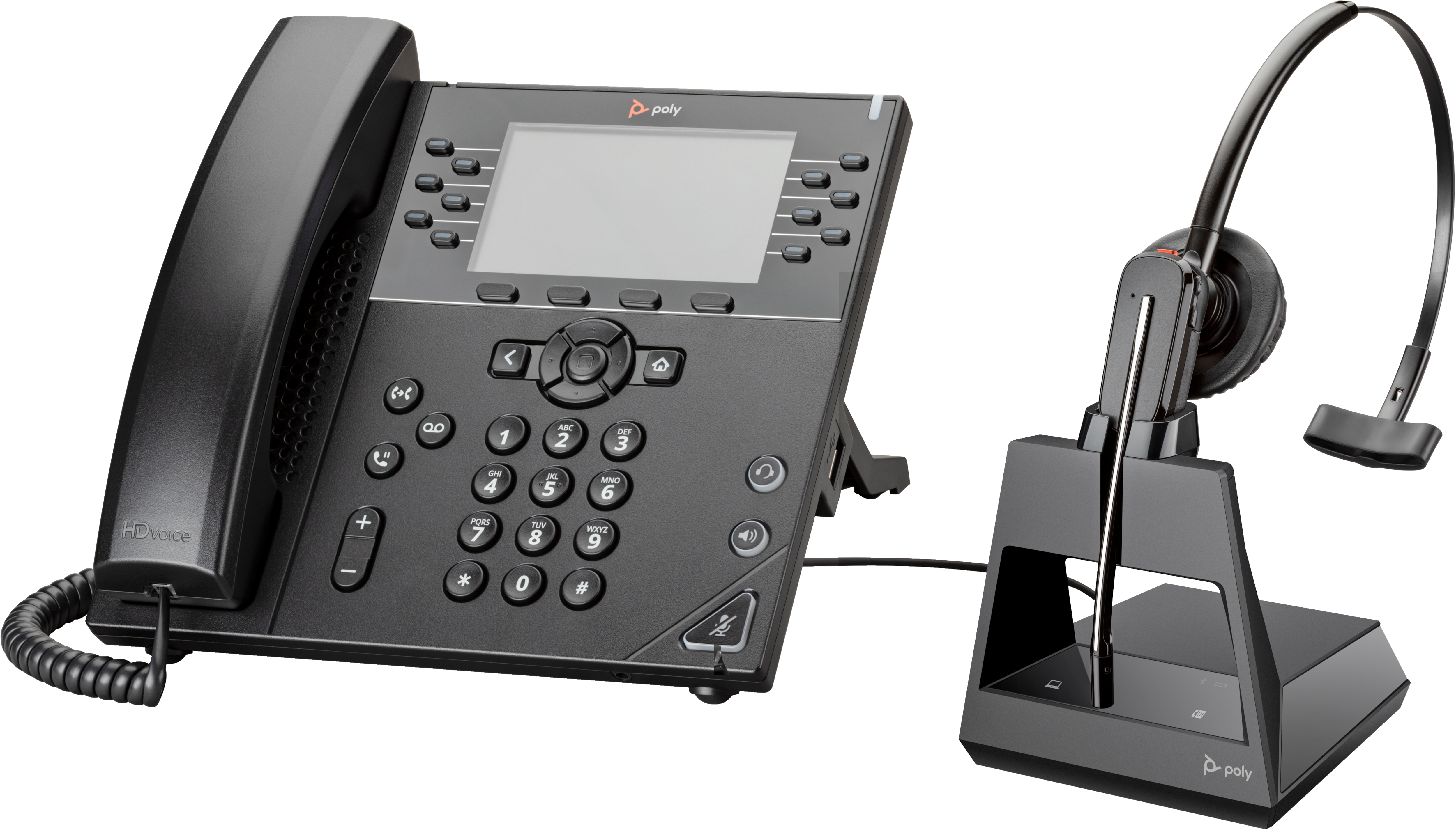 Un telefono Polycom nero con cornetta e cuffia su base di ricarica. Il telefono ha pulsanti e uno schermo.