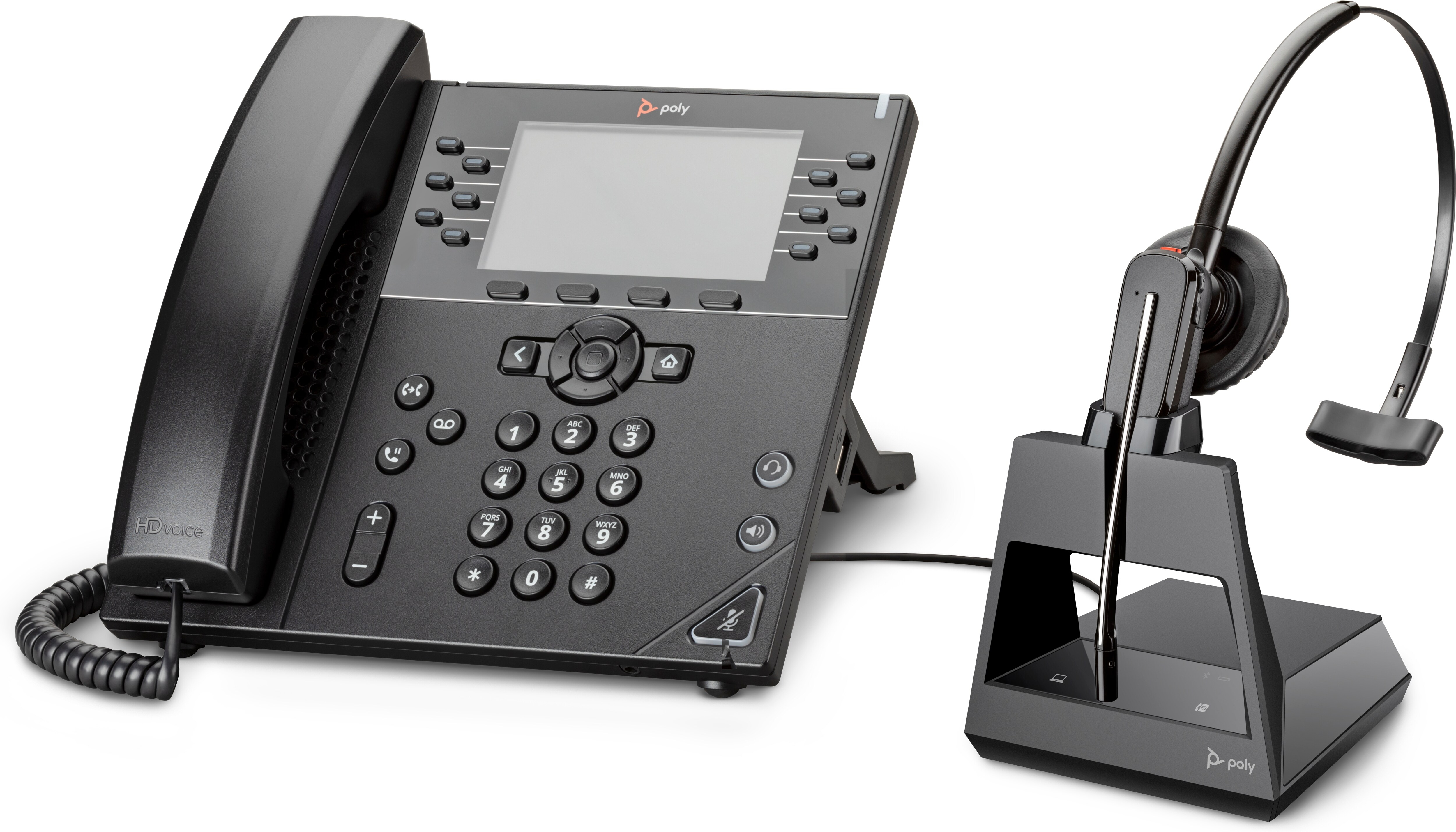 Un telefono e un auricolare Poly neri su una superficie bianca. Il telefono ha pulsanti e uno schermo.