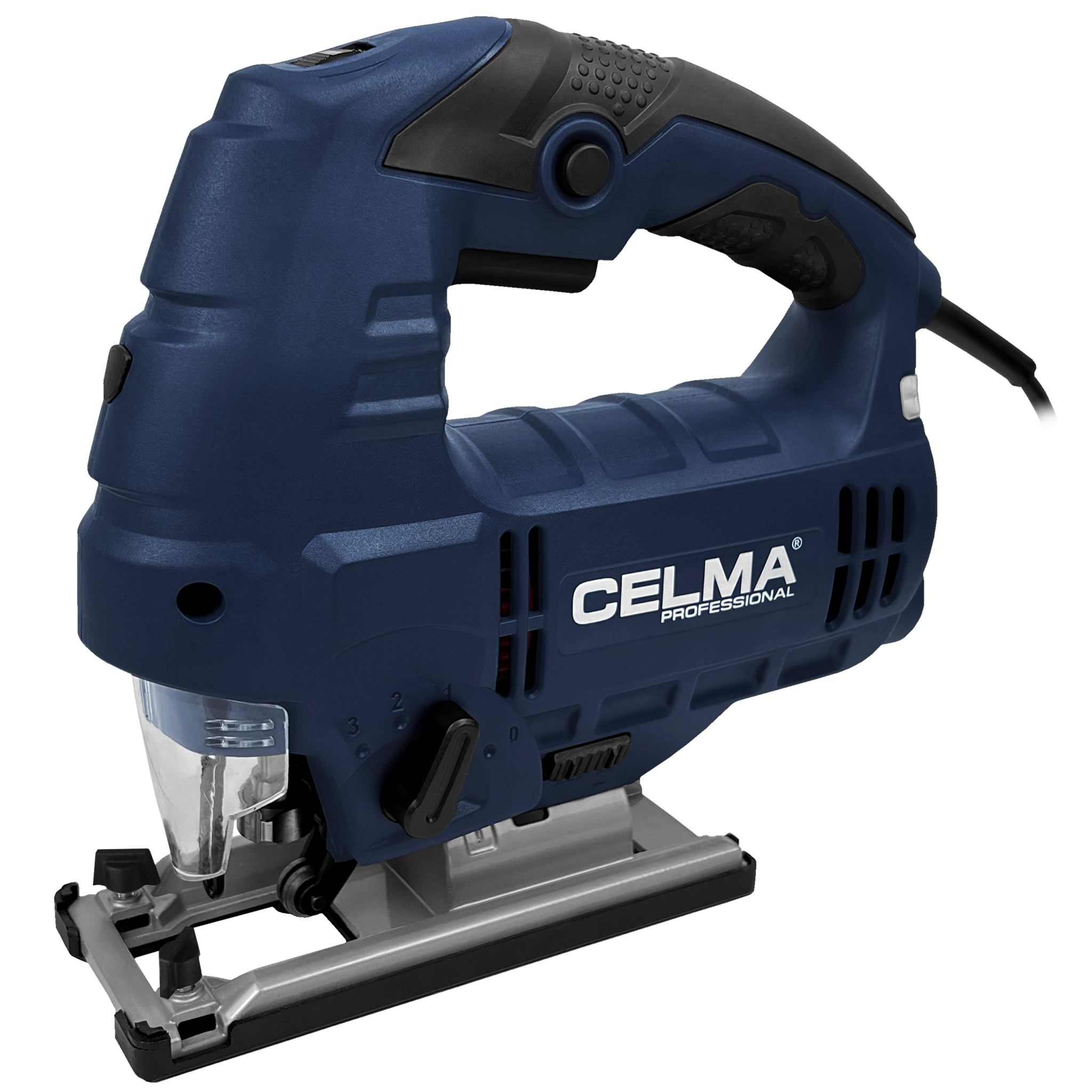 Niebiesko-czarna wyrzynarka z marką CELMA. Ma srebrną podstawę i czarny przewód zasilający.
