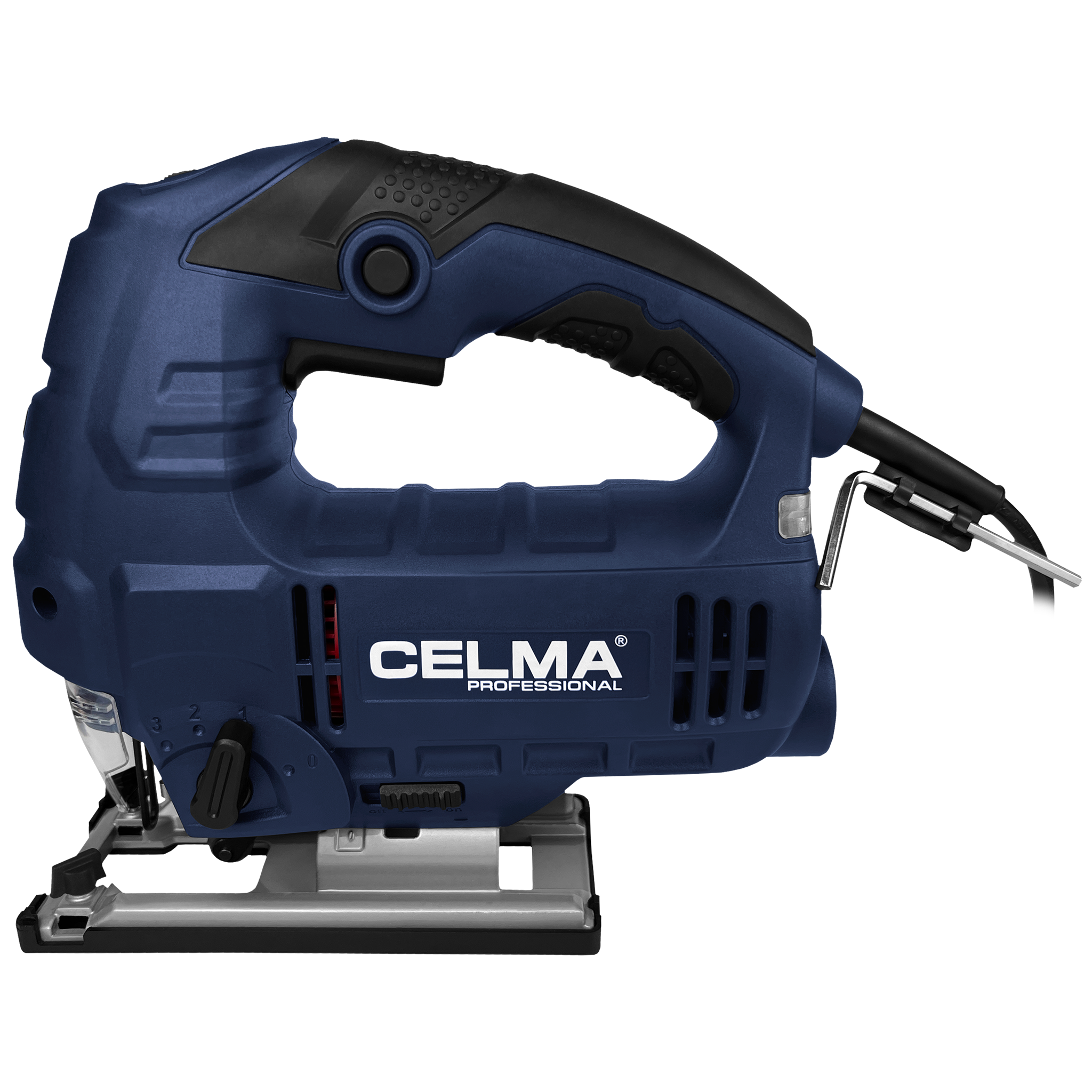 Niebieska wyrzynarka z czarnym uchwytem. Widoczna marka 'CELMA PROFESSIONAL'. Posiada metalową podstawę.