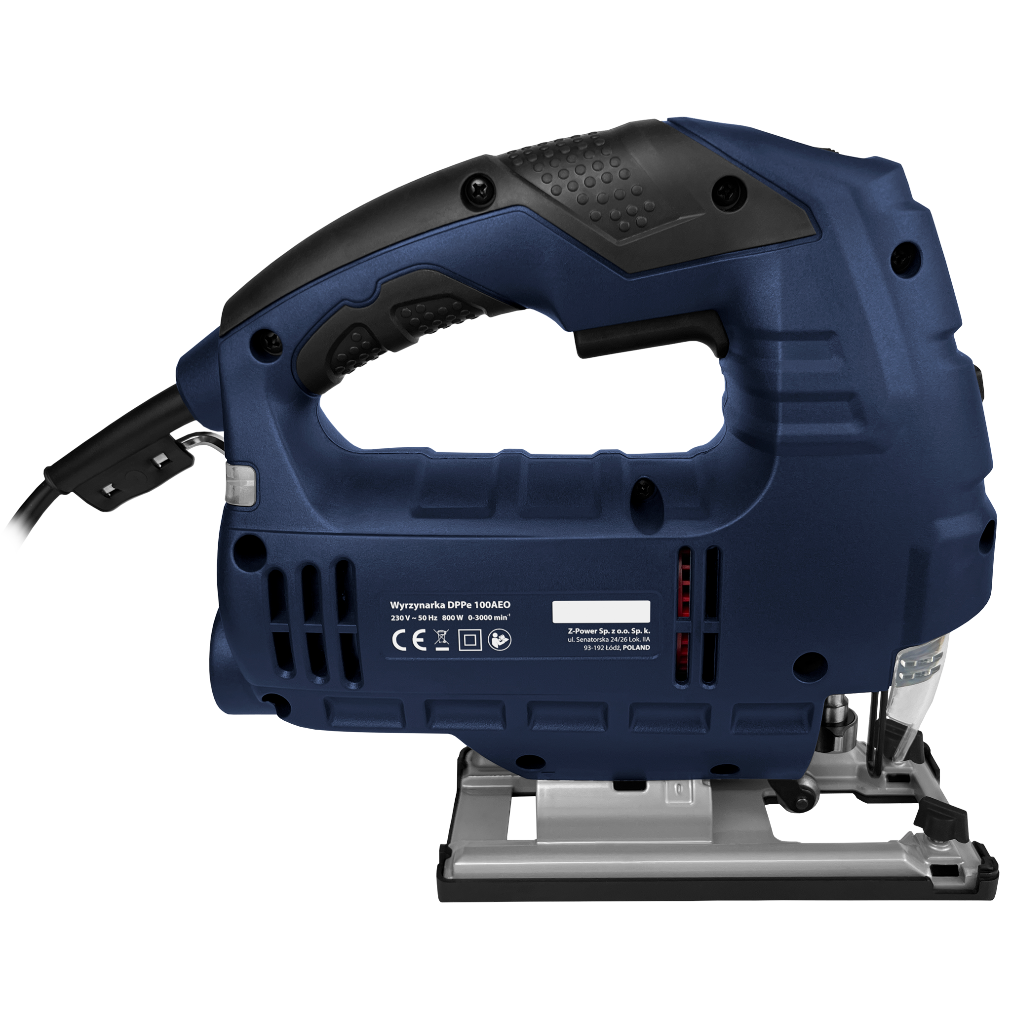 Niebiesko-czarna wyrzynarka. Ma uchwyt i ostrze na dole. Tło to gradient.