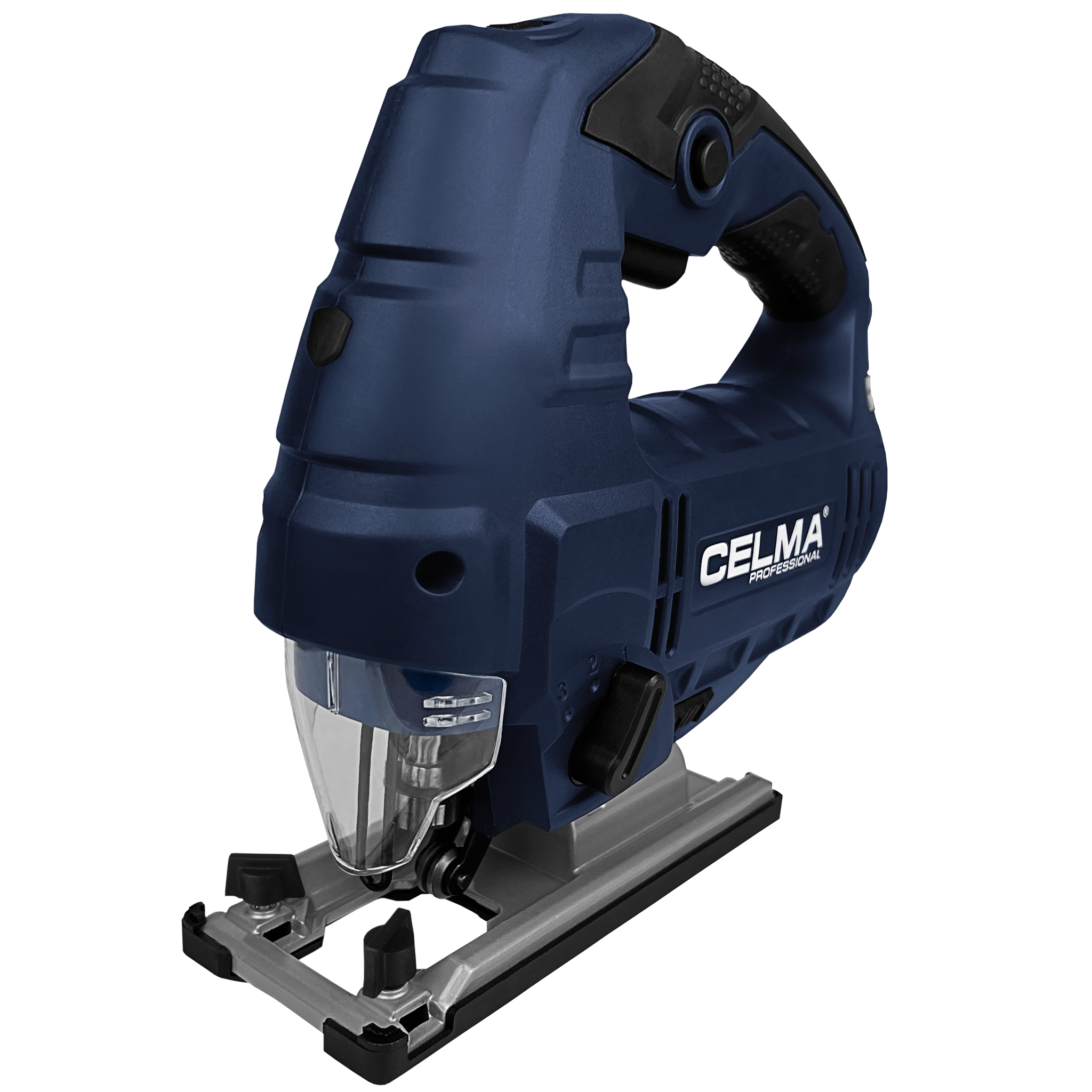 Niebiesko-czarna wyrzynarka. Widoczna marka CELMA. Podstawa srebrna, uchwyt czarny.