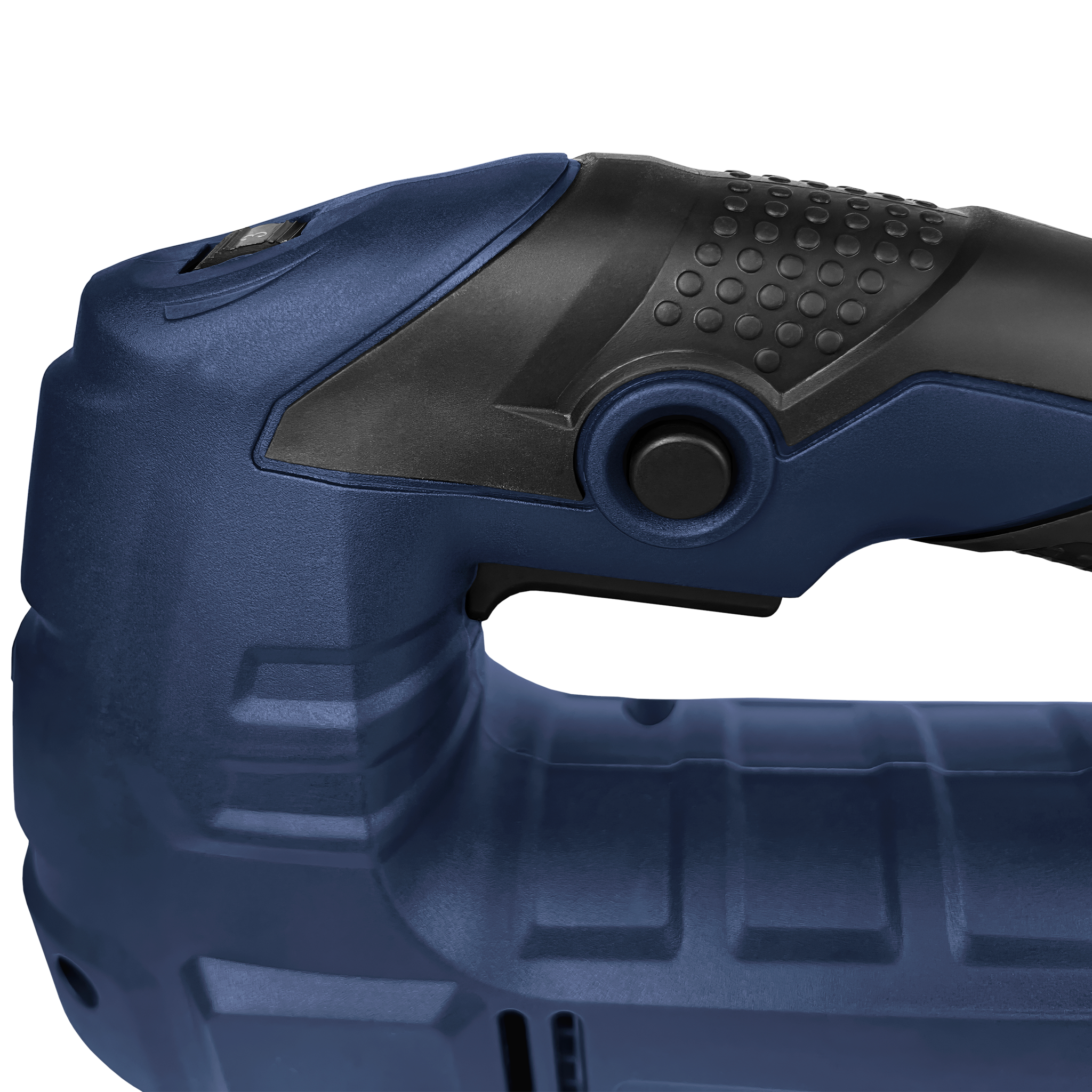 Zbliżenie niebiesko-czarnego elektronarzędzia. Uchwyt ma teksturowany uchwyt. Widoczny jest czarny przycisk.