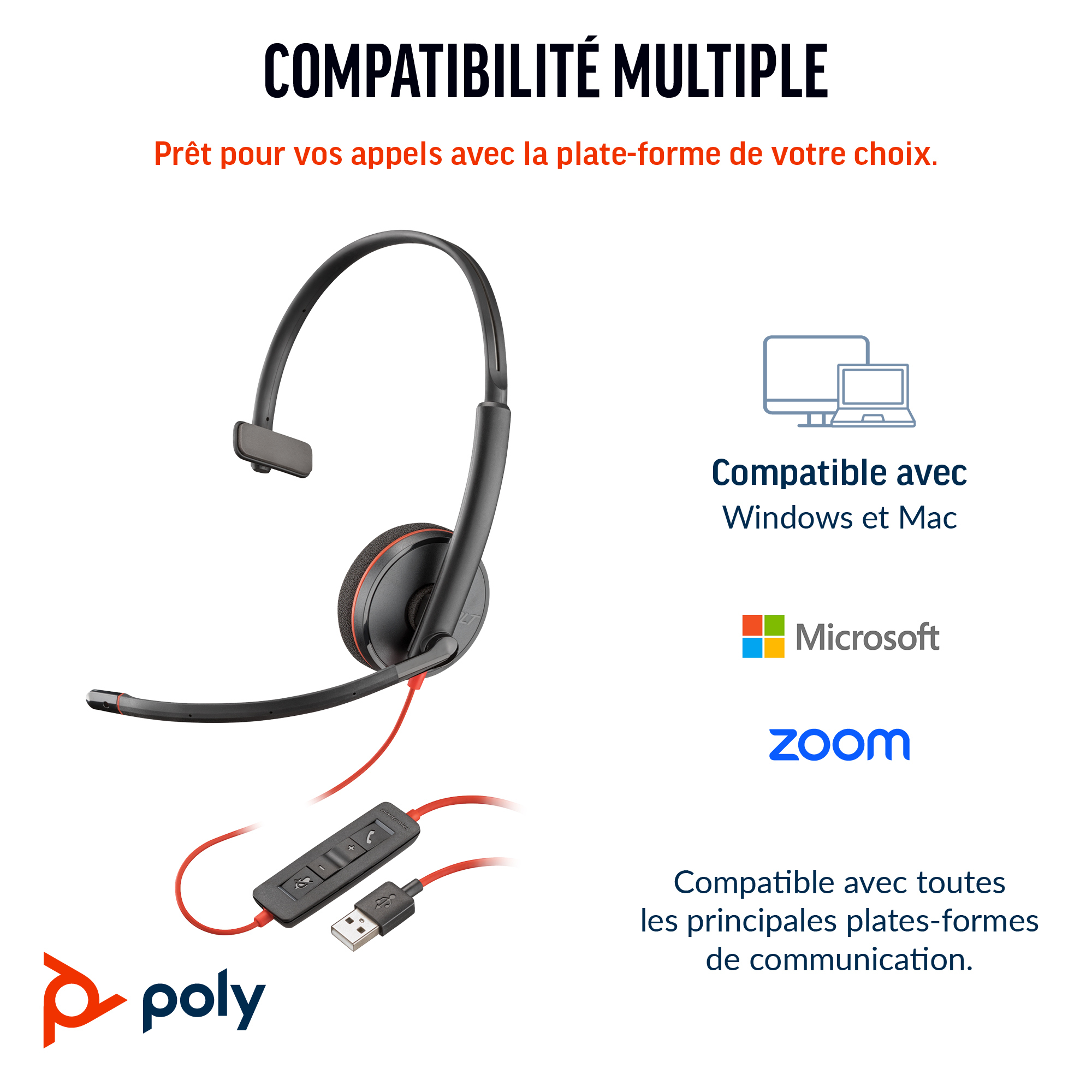 Ein schwarzes Headset mit roten Akzenten, ein USB-Kabel und Logos für Poly, Microsoft und Zoom, was die Kompatibilität zeigt.