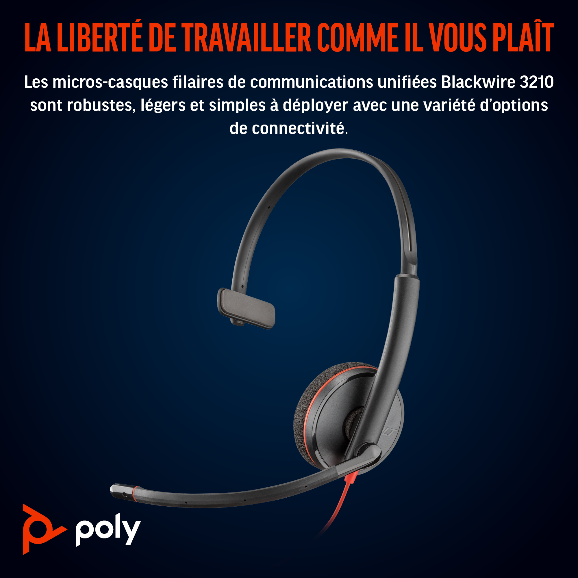 Schwarzes Headset vor blauem Hintergrund. Text: Freiheit zu arbeiten, wie Sie möchten. Poly-Logo unten links.