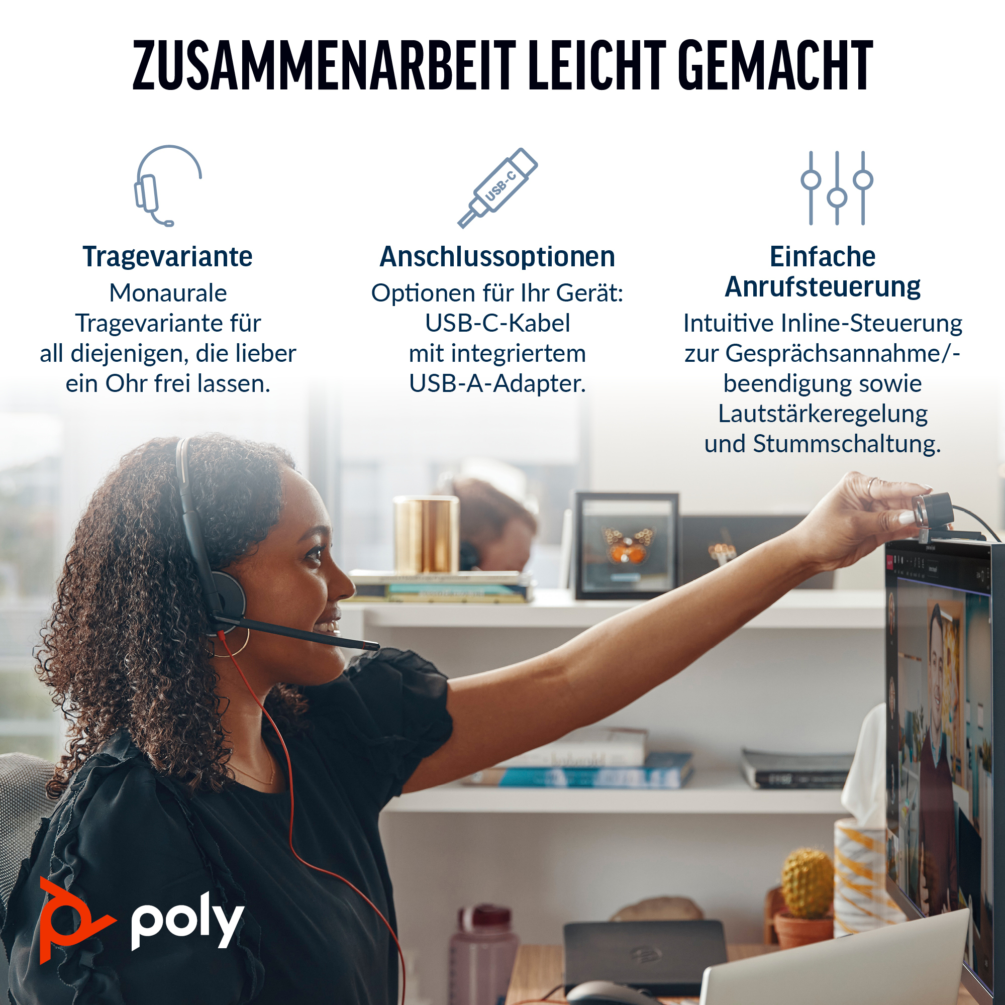 Frau mit Headset, greift zum Monitor mit Videoanruf. Text über Zusammenarbeit und Headset-Funktionen.