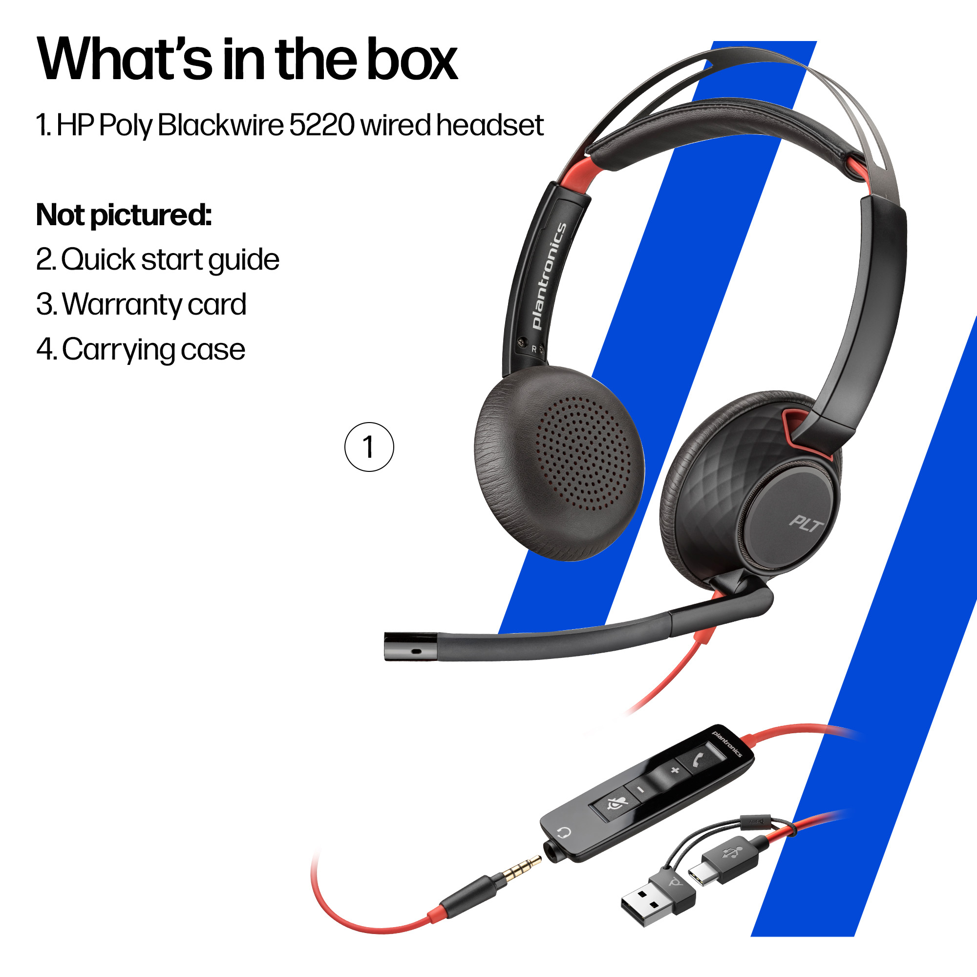 Czarny i czerwony przewodowy zestaw słuchawkowy. Zawiera jednostkę sterującą i złącze USB. Tło w niebiesko-białe paski.