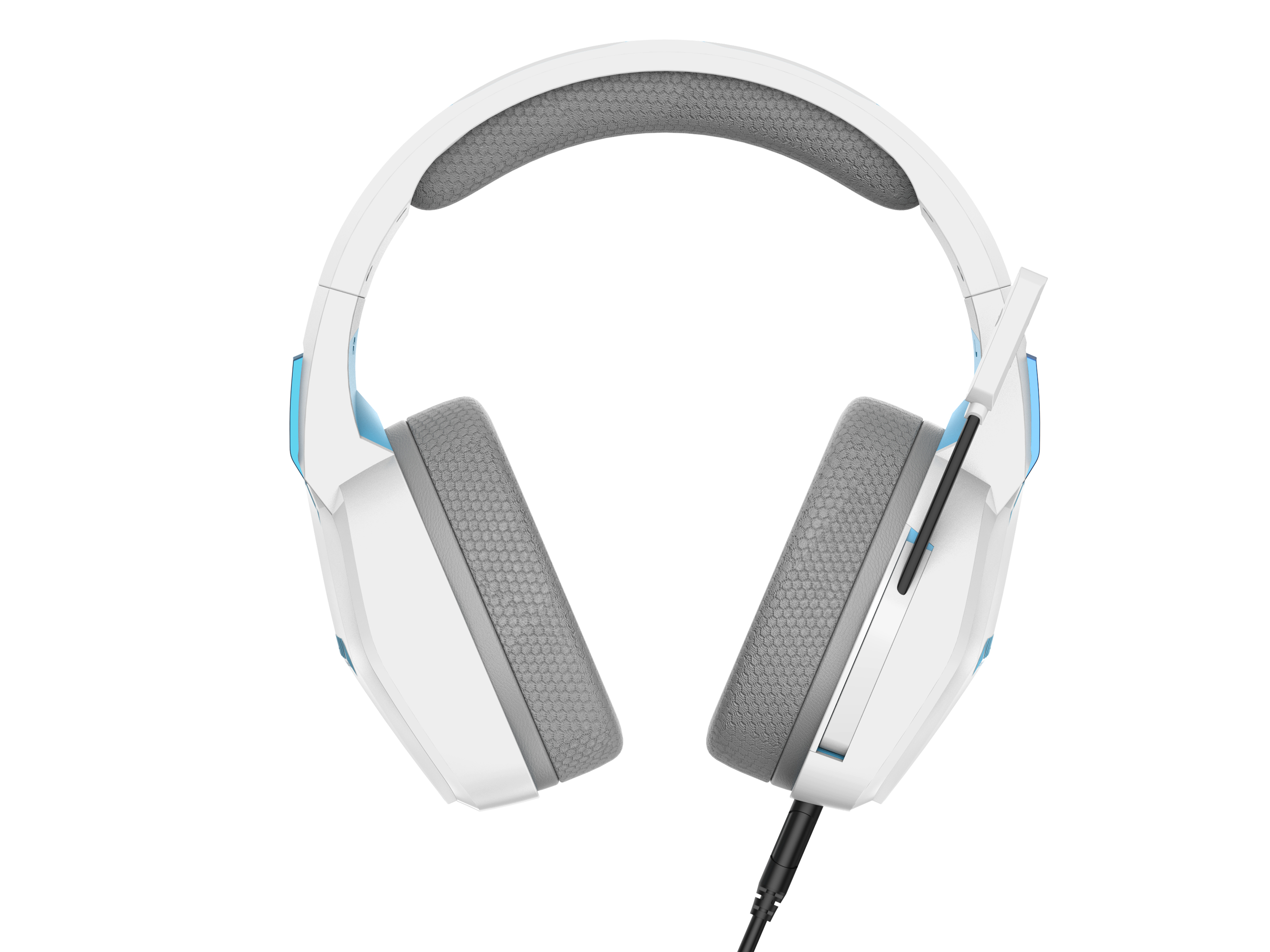 White and blue gaming headset on white background. Grey ear pads and top arch with a connected black cable.