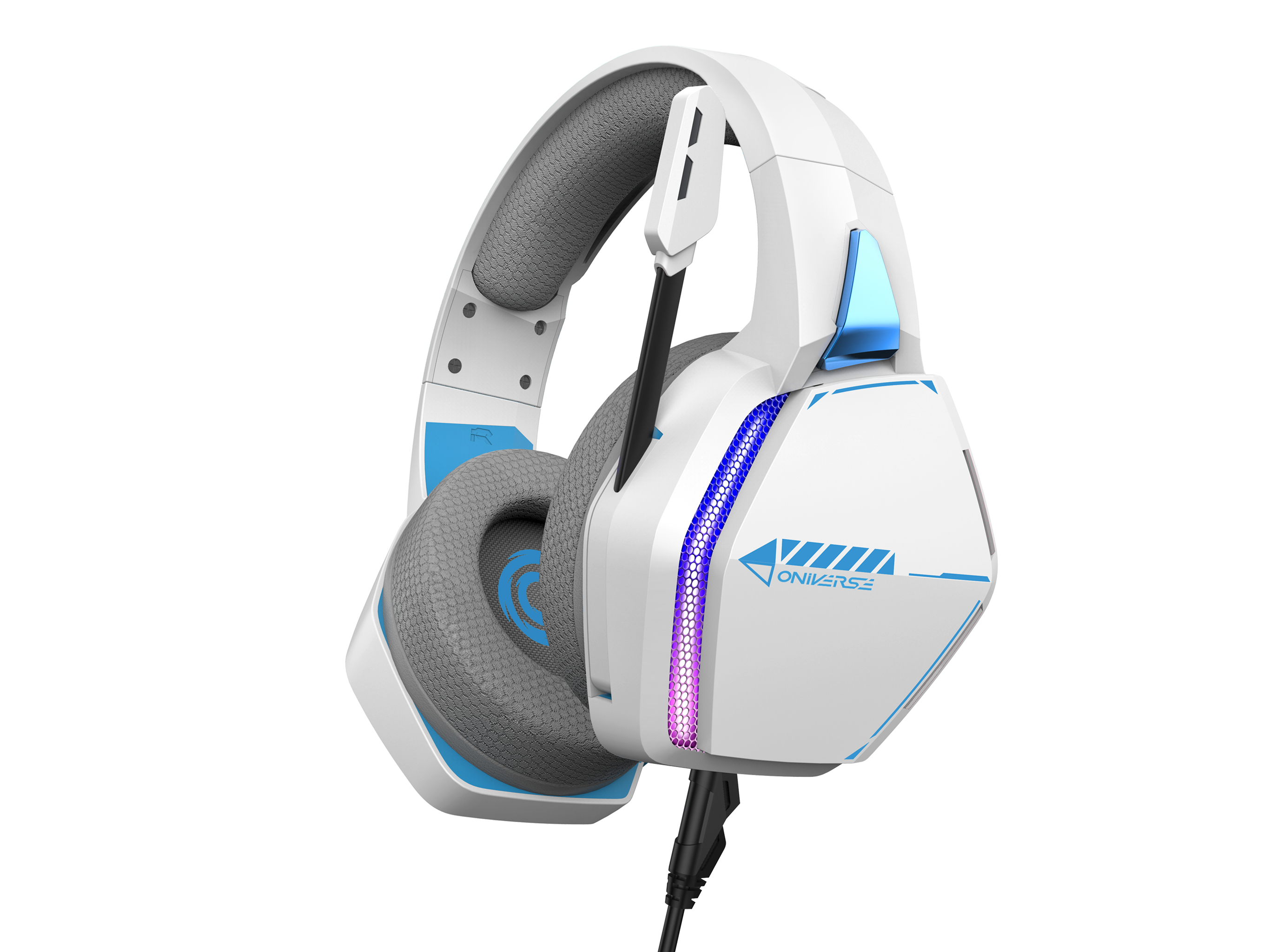 White and blue gaming headset with black cable. Features gray padding and a logo. Isolated on white.