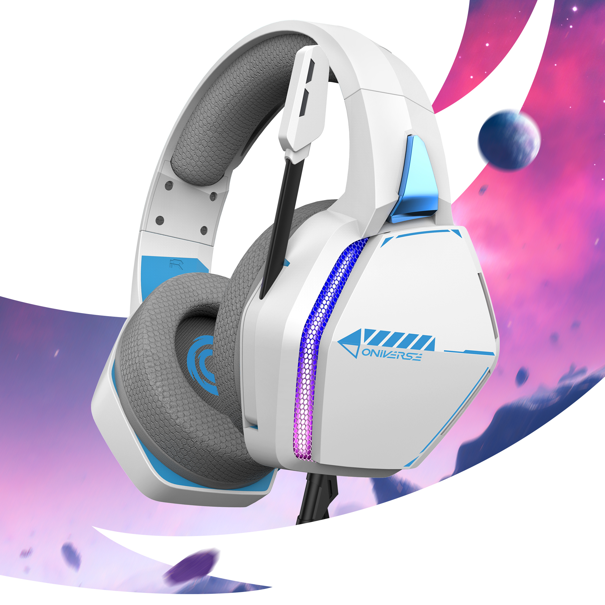 White and blue gaming headset with grey earcups. Background is a purple and pink nebula with planets.