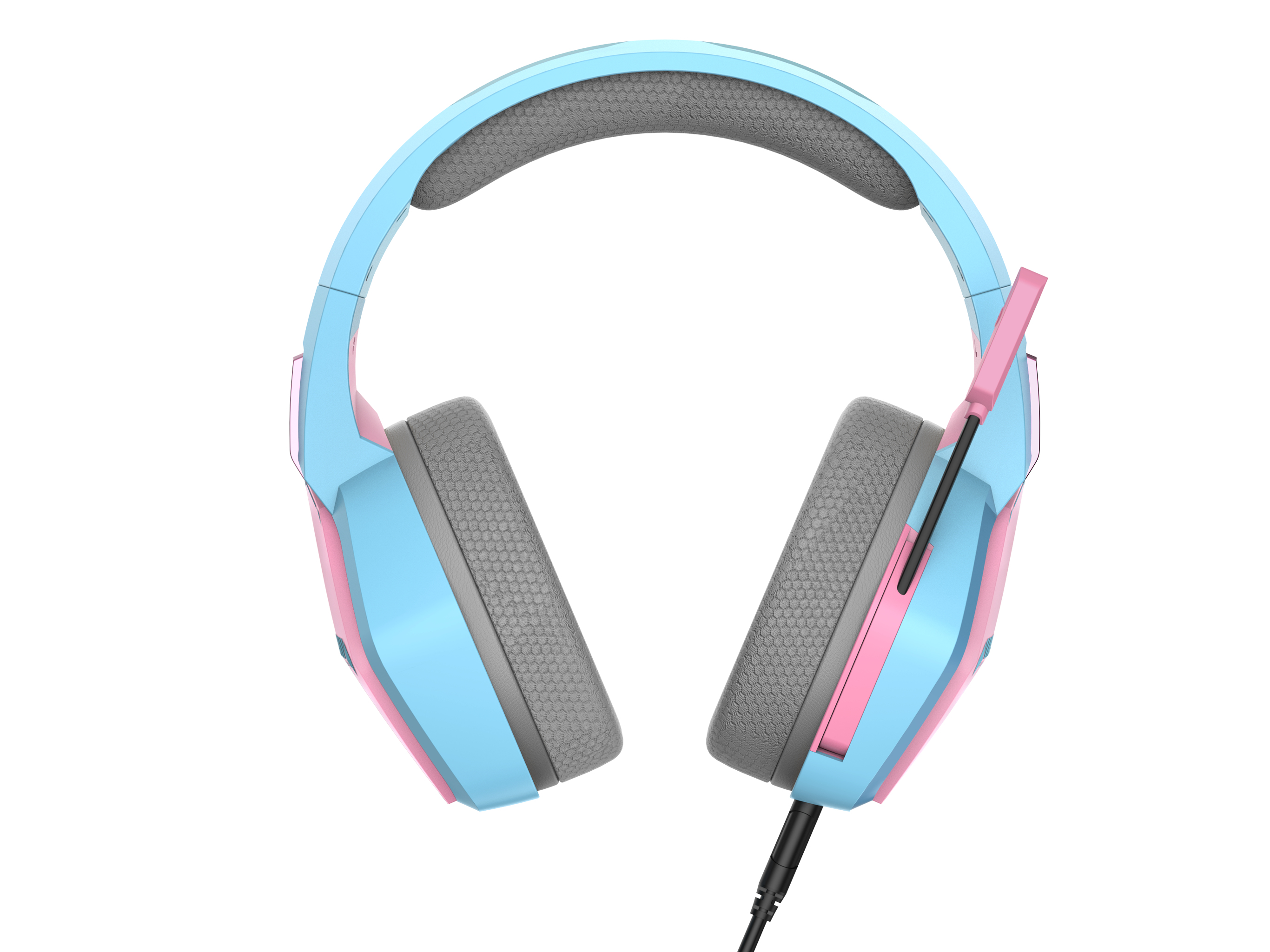 Een blauwe en roze gamingheadset op een witte achtergrond. Het heeft een zwarte kabel en een microfoon.