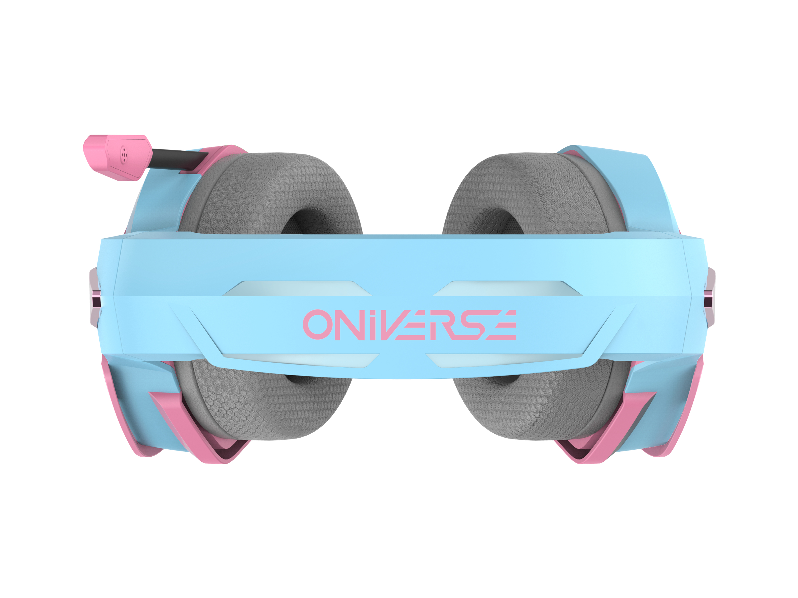 Een lichtblauwe gaming headset met roze accenten en het woord 'ONIVERSE' in roze.