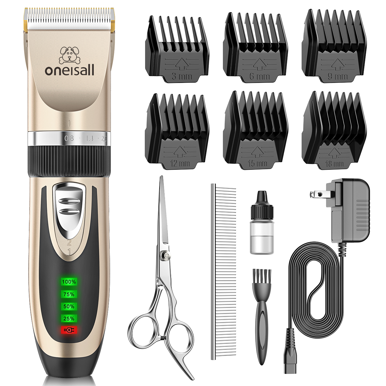 Zestaw do pielęgnacji psów z maszynką, grzebieniami, nożyczkami, grzebieniem, butelką oleju, szczotką i ładowarką.