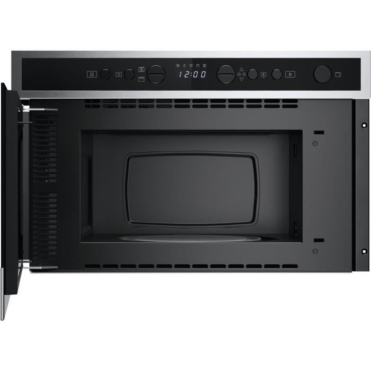 Un horno microondas negro con la puerta abierta. La pantalla muestra 12:00. El microondas está empotrado con un borde plateado.