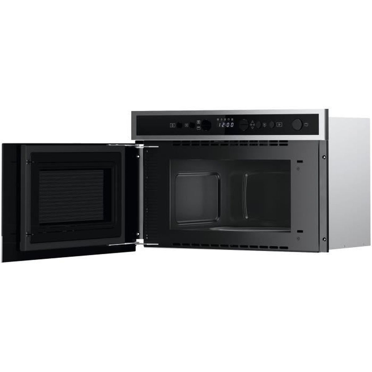 Un horno microondas empotrado con la puerta abierta. El interior es visible. Tiene un reloj digital y es plateado y negro.