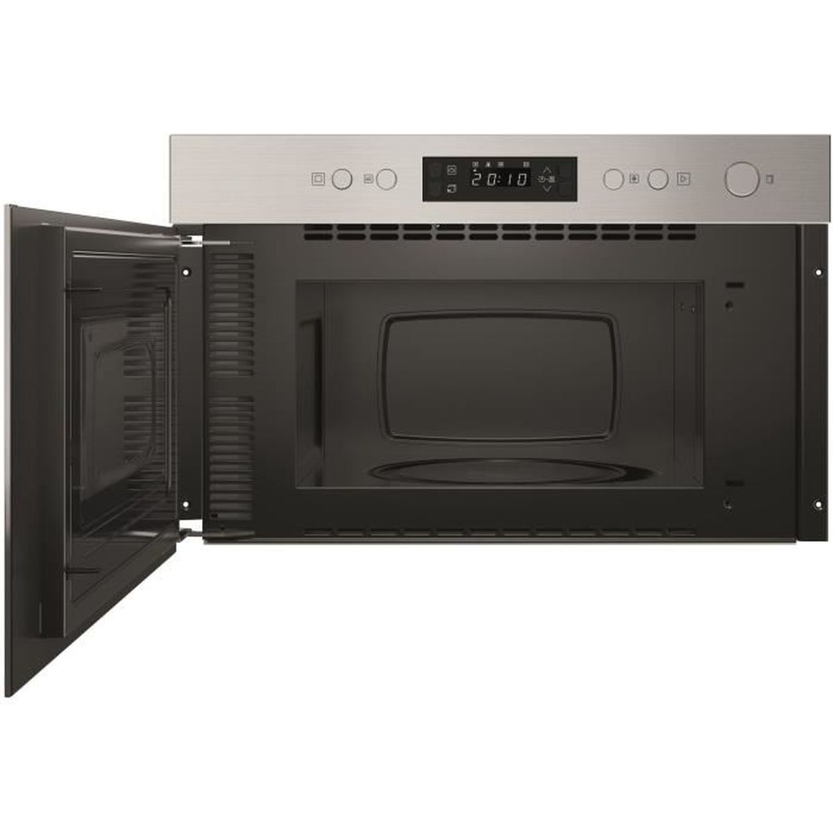 Un forno a microonde da incasso con la porta aperta. L'interno è nero. Il pannello superiore ha un display digitale e pulsanti di controllo.