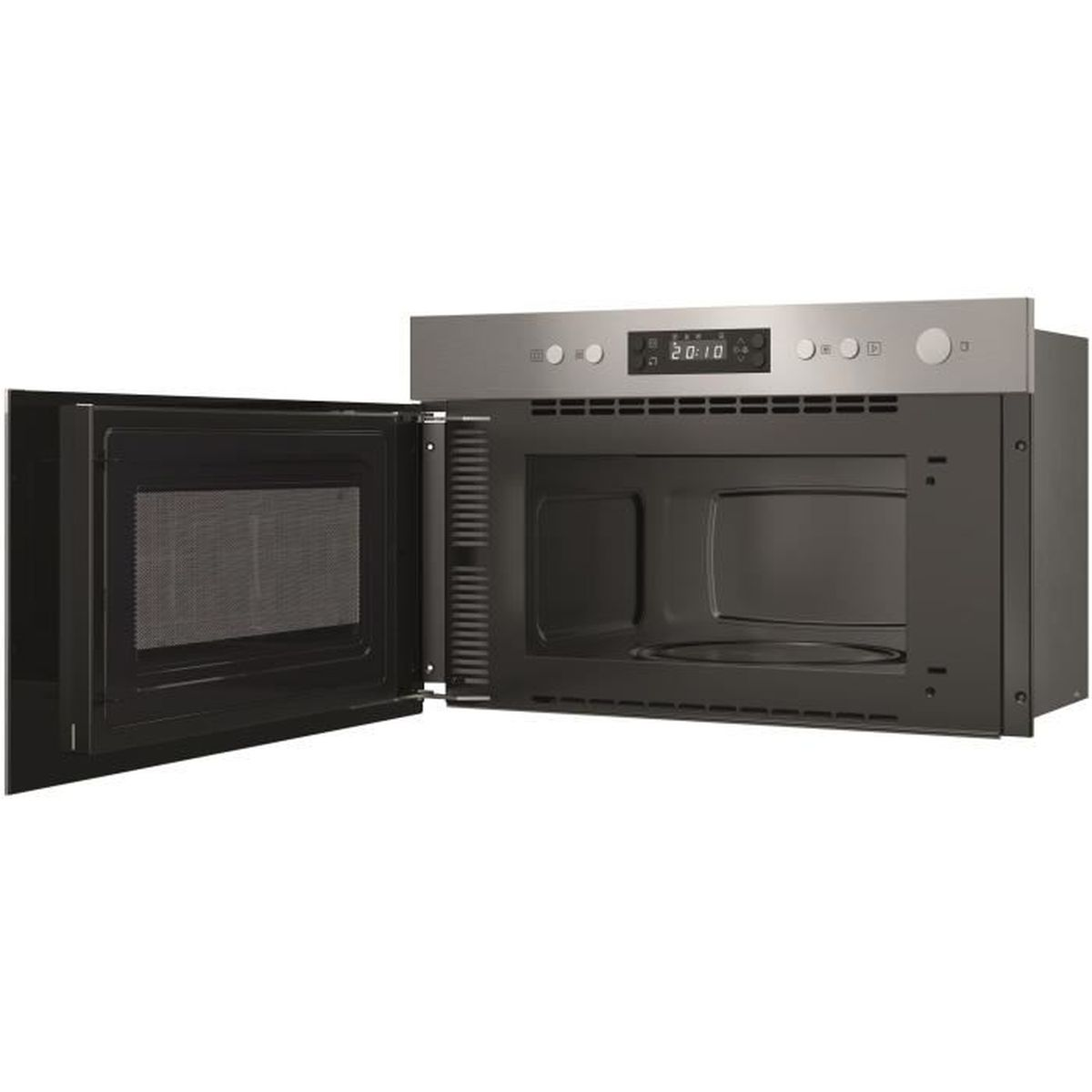 Un moderno forno a microonde è aperto, rivelando l'interno. La porta è nera e l'esterno argentato. Orologio digitale visibile.