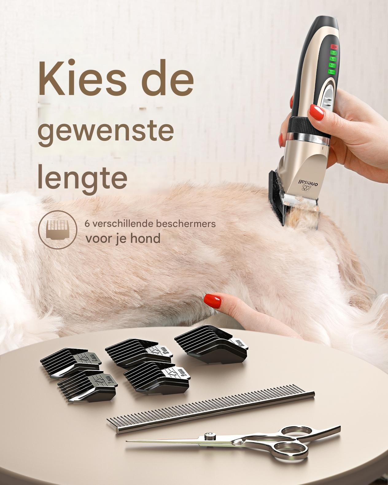 Osoba używa trymera na psie. Akcesoria obejmują osłony, grzebień i nożyczki. Tekst brzmi: Wybierz żądaną długość.
