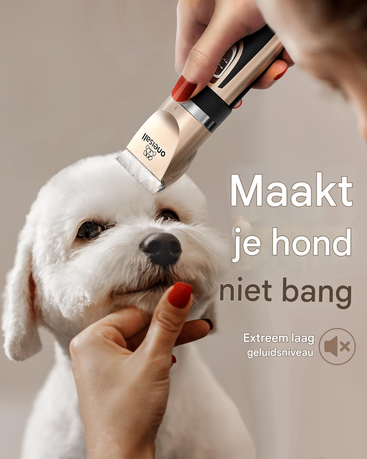 Osoba używa maszynki do strzyżenia psów na białym psie. Maszynka jest złota i czarna. Tekst brzmi: Sprawia, że Twój pies się nie boi.