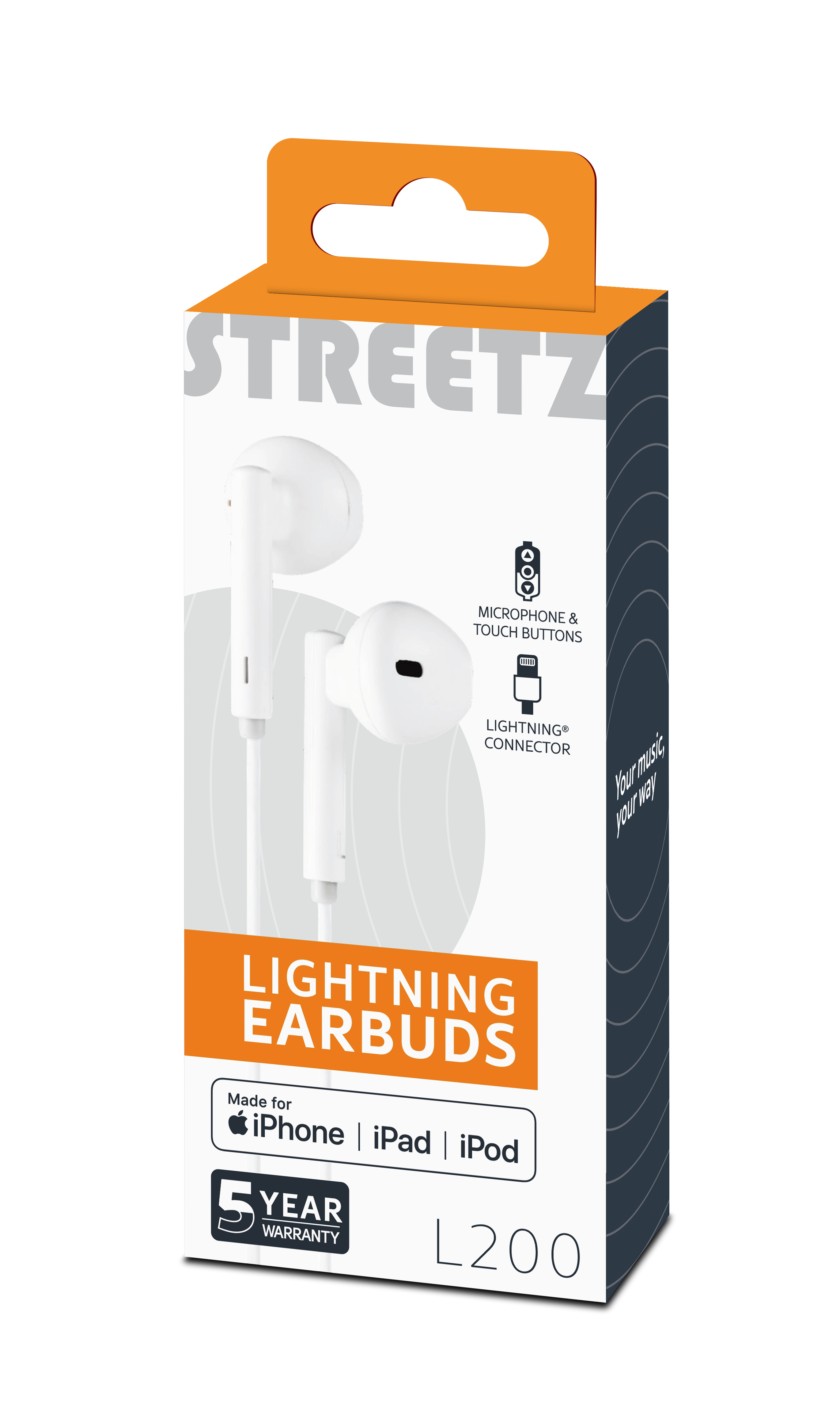 Scatola auricolari bianca con dettagli arancioni. Presenta 'Lightning Earbuds', compatibile con iPhone, iPad e iPod. 5 anni di garanzia.