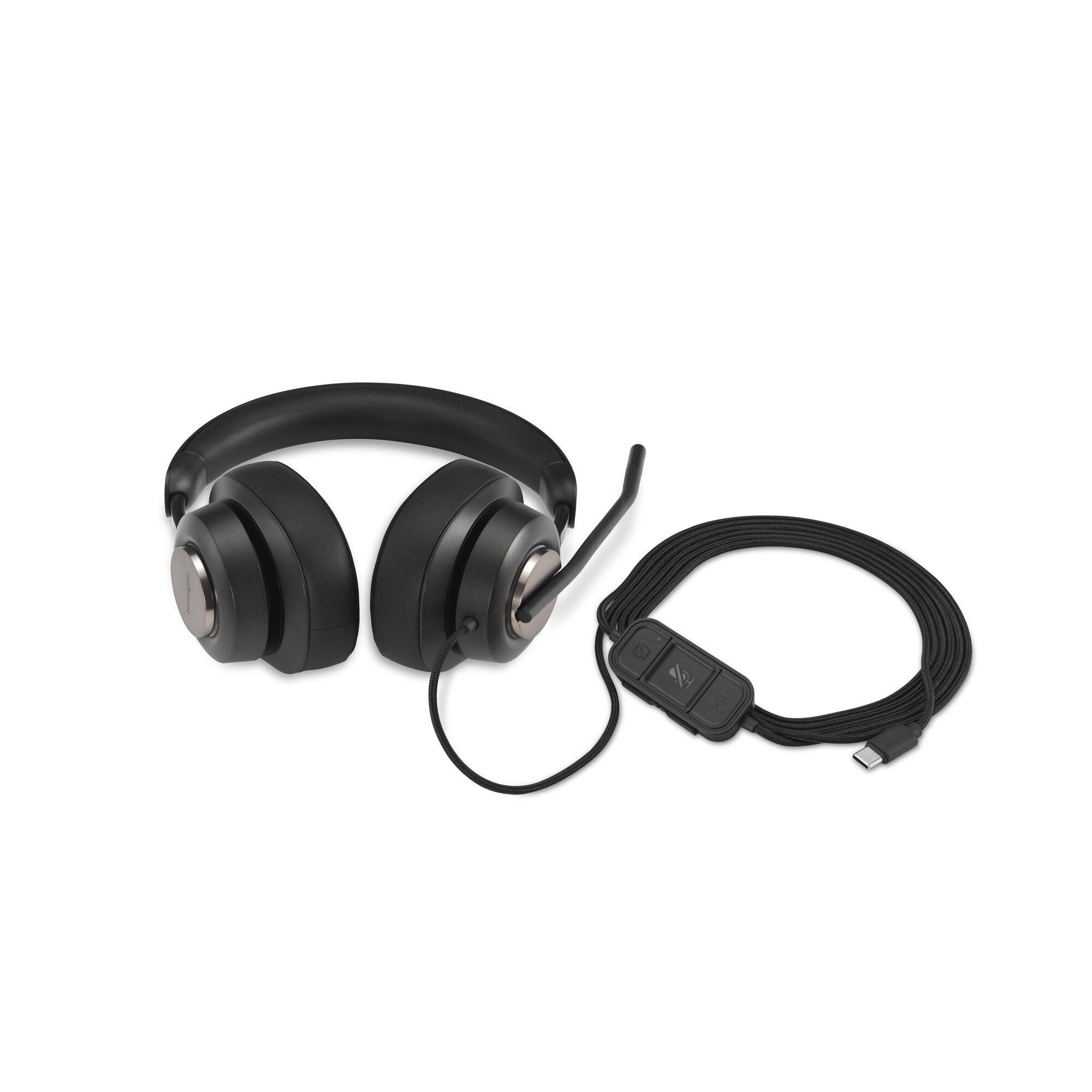 Cuffie nere con microfono e modulo di controllo. Un cavo nero è collegato a un connettore USB-C.