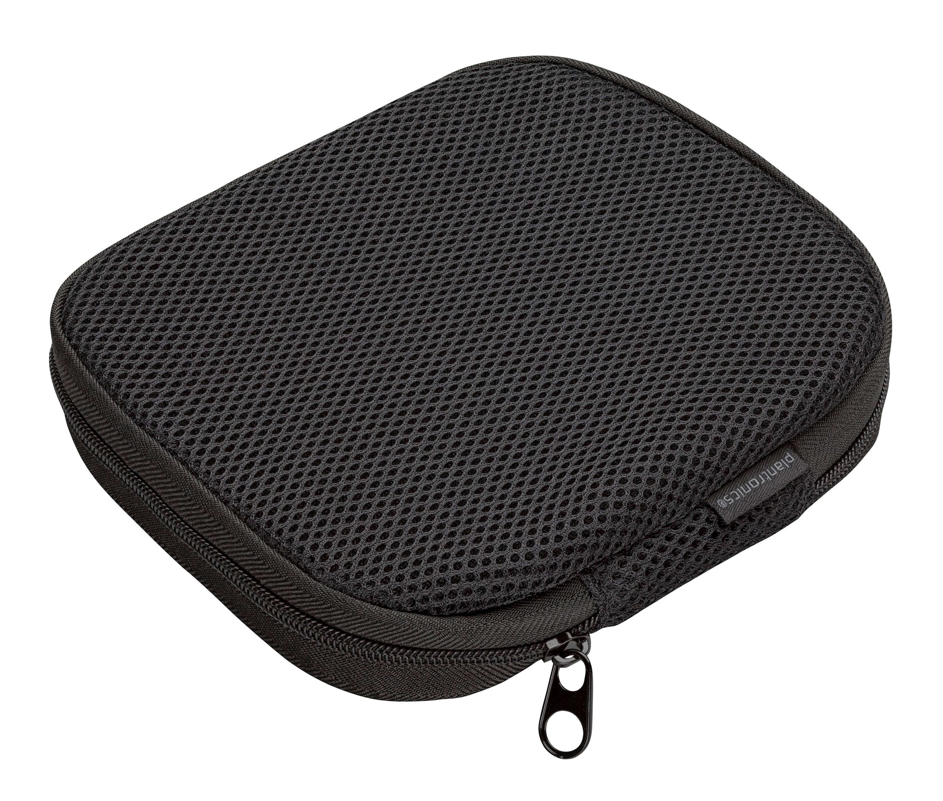 Custodia in rete nera con cerniera. La custodia ha un'etichetta Plantronics e un tirazip nero.