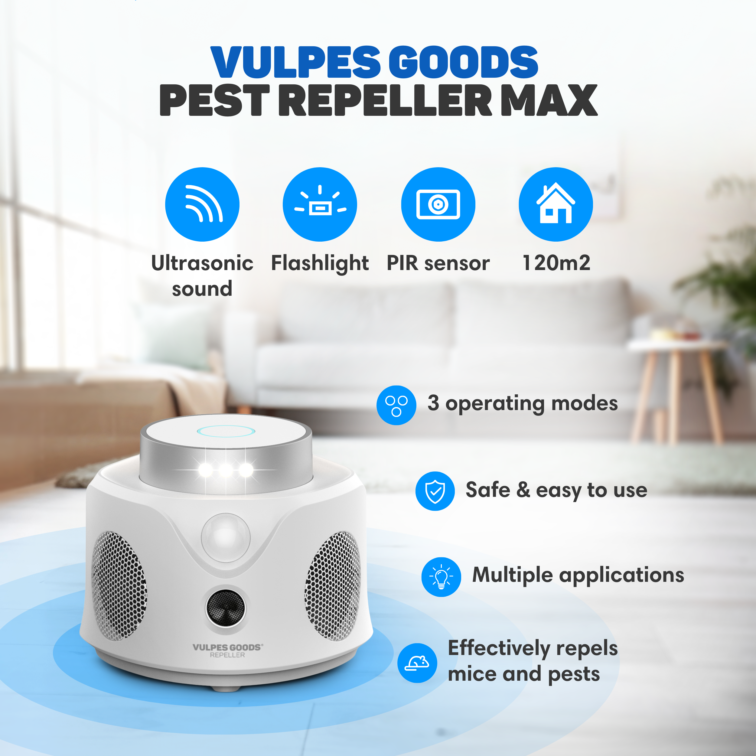 Weißer Schädlingsbekämpfer mit blauen Akzenten. Text: VULPES GOODS PEST REPELLER MAX. Merkmale umfassen Ultraschall.