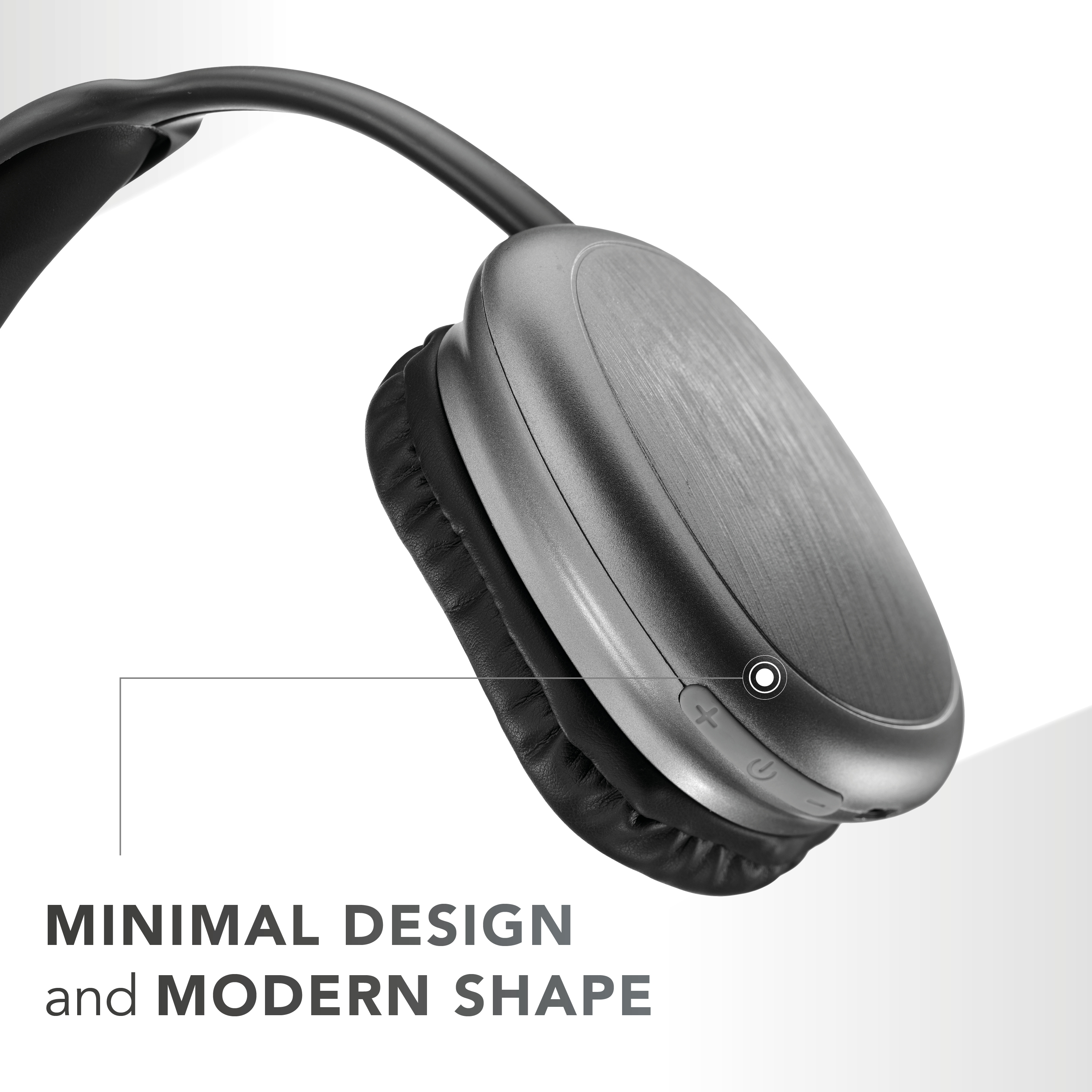 Słuchawki z metalicznym wykończeniem i czarnymi poduszkami na białym tle. Tekst: Minimalny design i nowoczesny kształt.