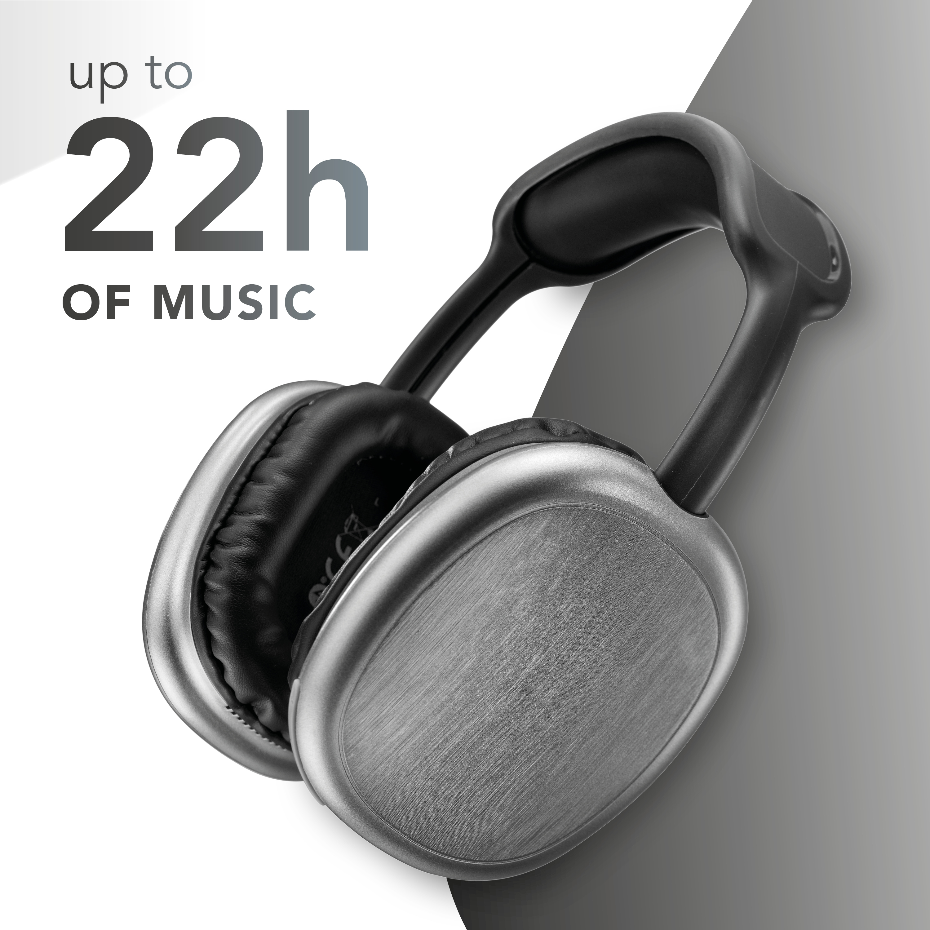 Słuchawki srebrno-czarne, z tekstem 'up to 22h OF MUSIC' na gradientowym tle.
