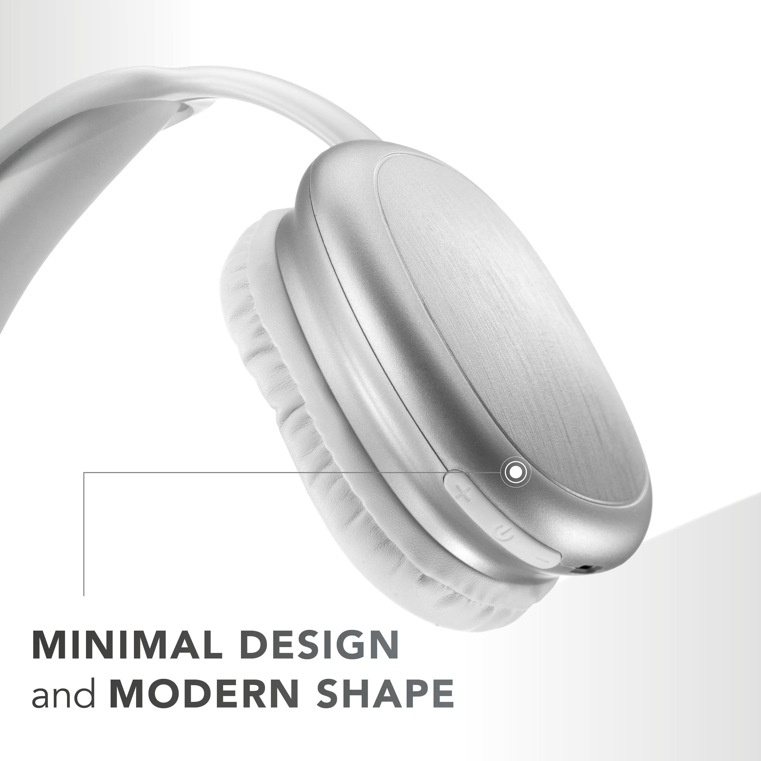 Zilveren koptelefoon, witte oorkussens, modern design. Tekst: Minimaal ontwerp en moderne vorm.