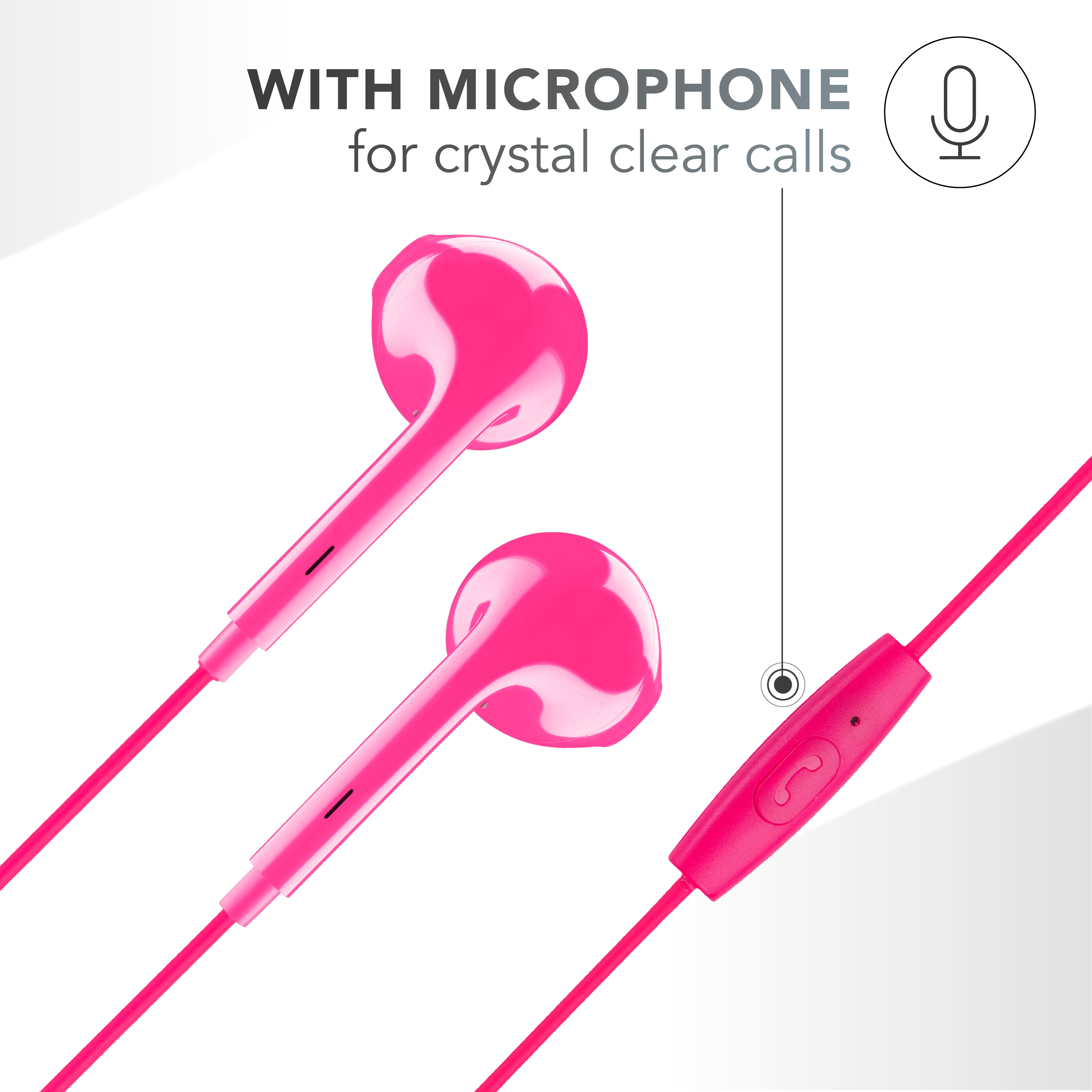 Auricolari rosa con microfono. L'immagine mostra anche il testo: CON MICROFONO per chiamate chiare.