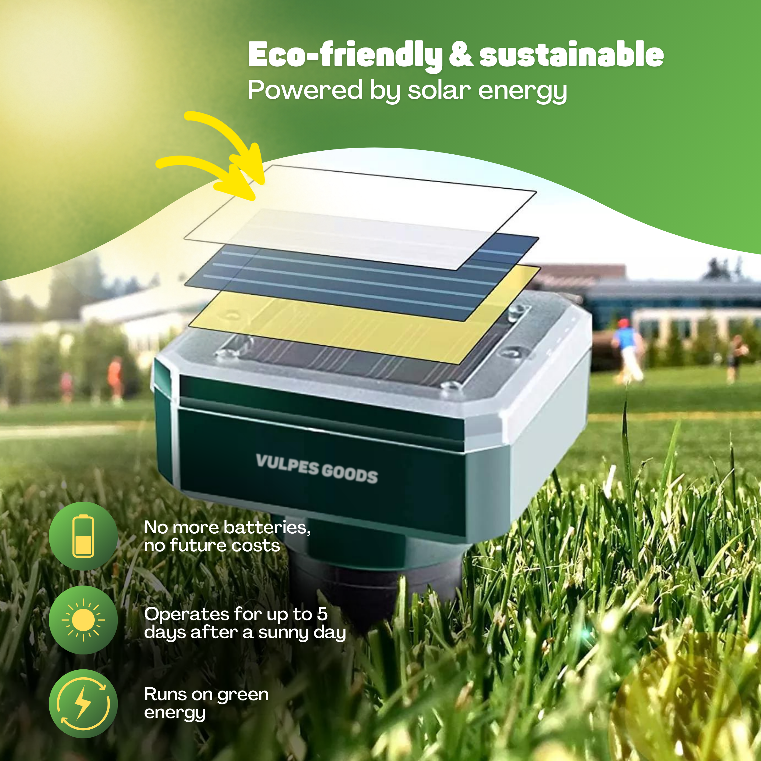 Zonne-apparaat op gras. Tekst: milieuvriendelijk, duurzaam, geen batterijen, werkt op groene energie.