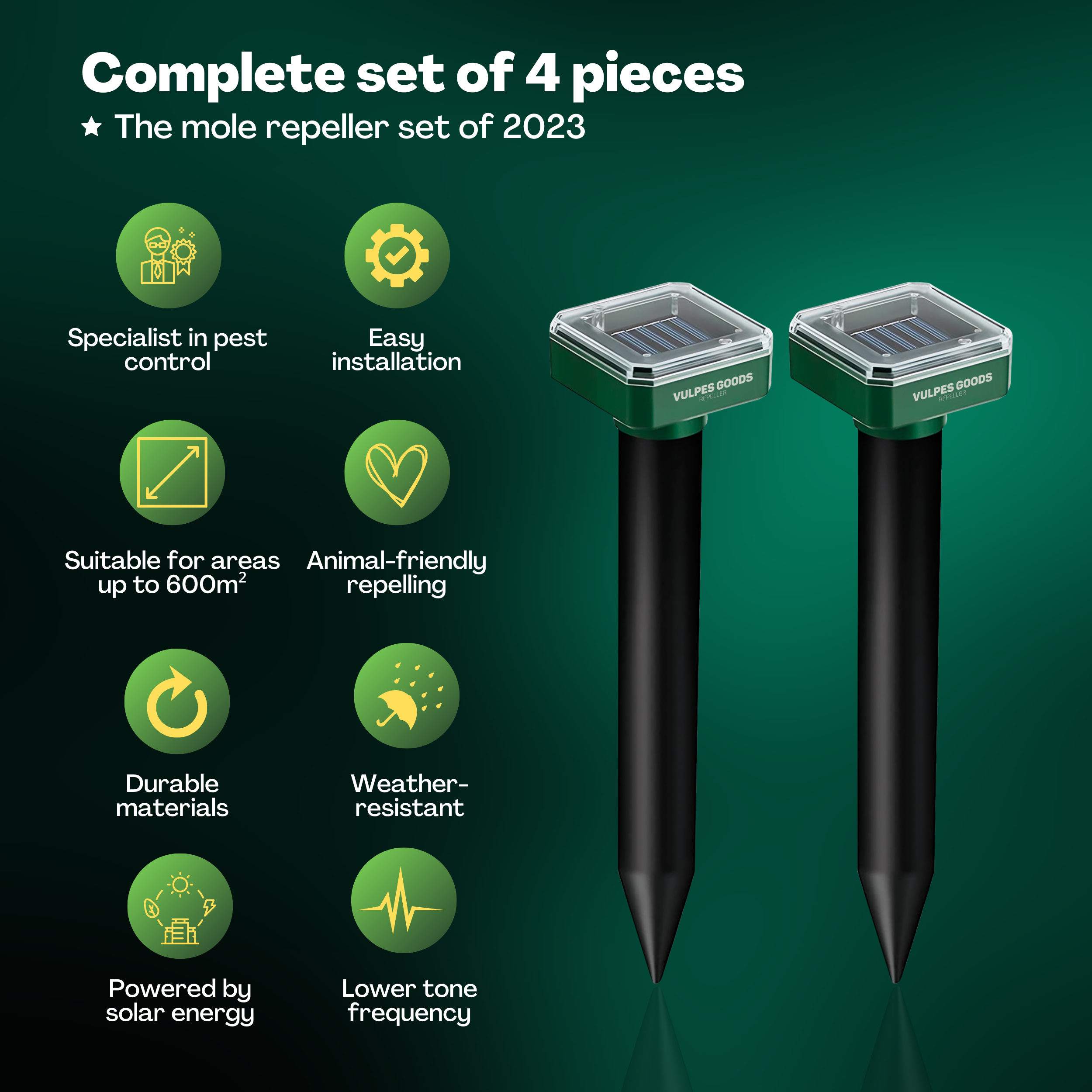 Twee zwarte mollenverdrijvers met groene toppen, zonnepanelen en tekst op een groene achtergrond. Functie-iconen.