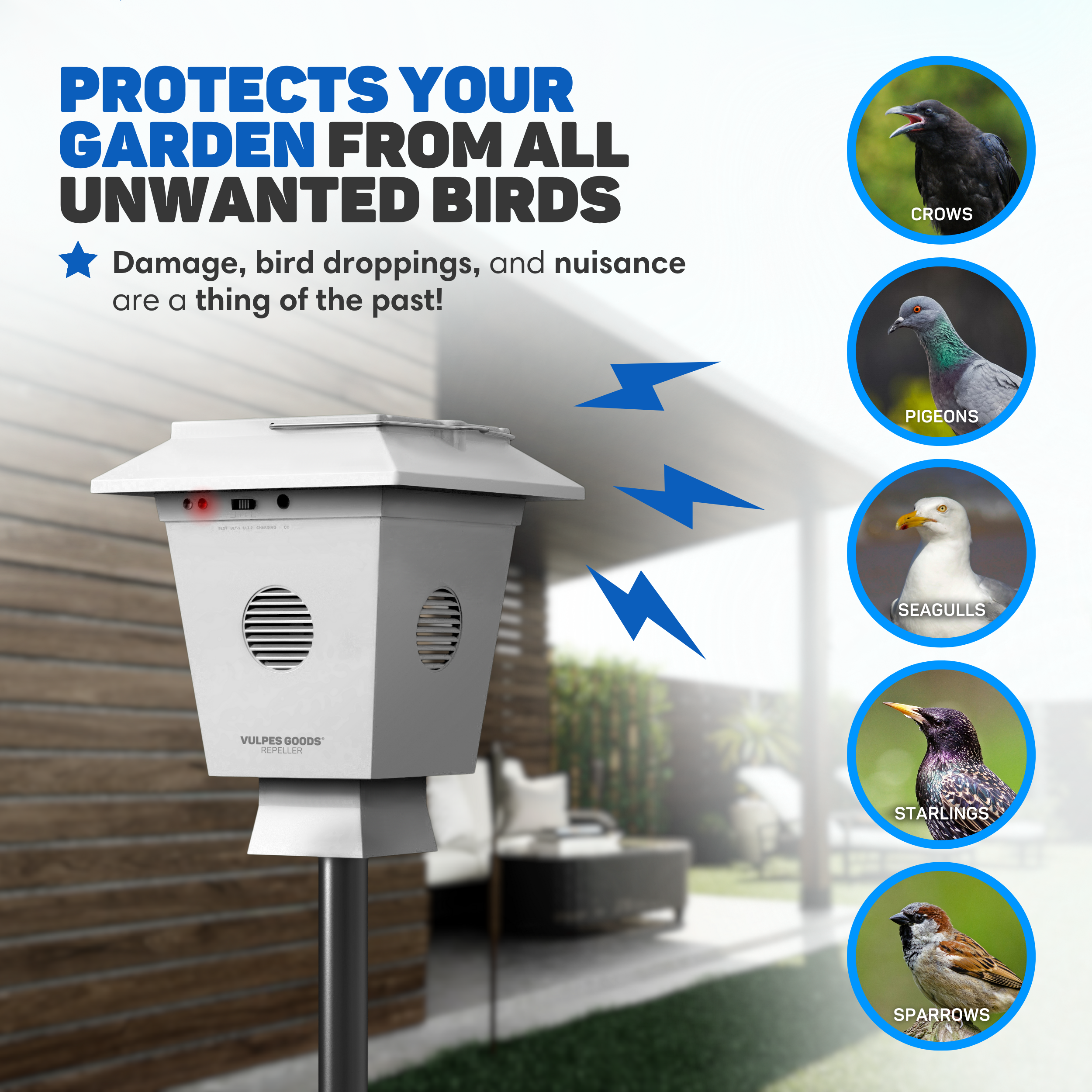 Image shows a bird repellent with text: Protects your garden from unwanted birds. It lists crows, pigeons, seagulls, etc.