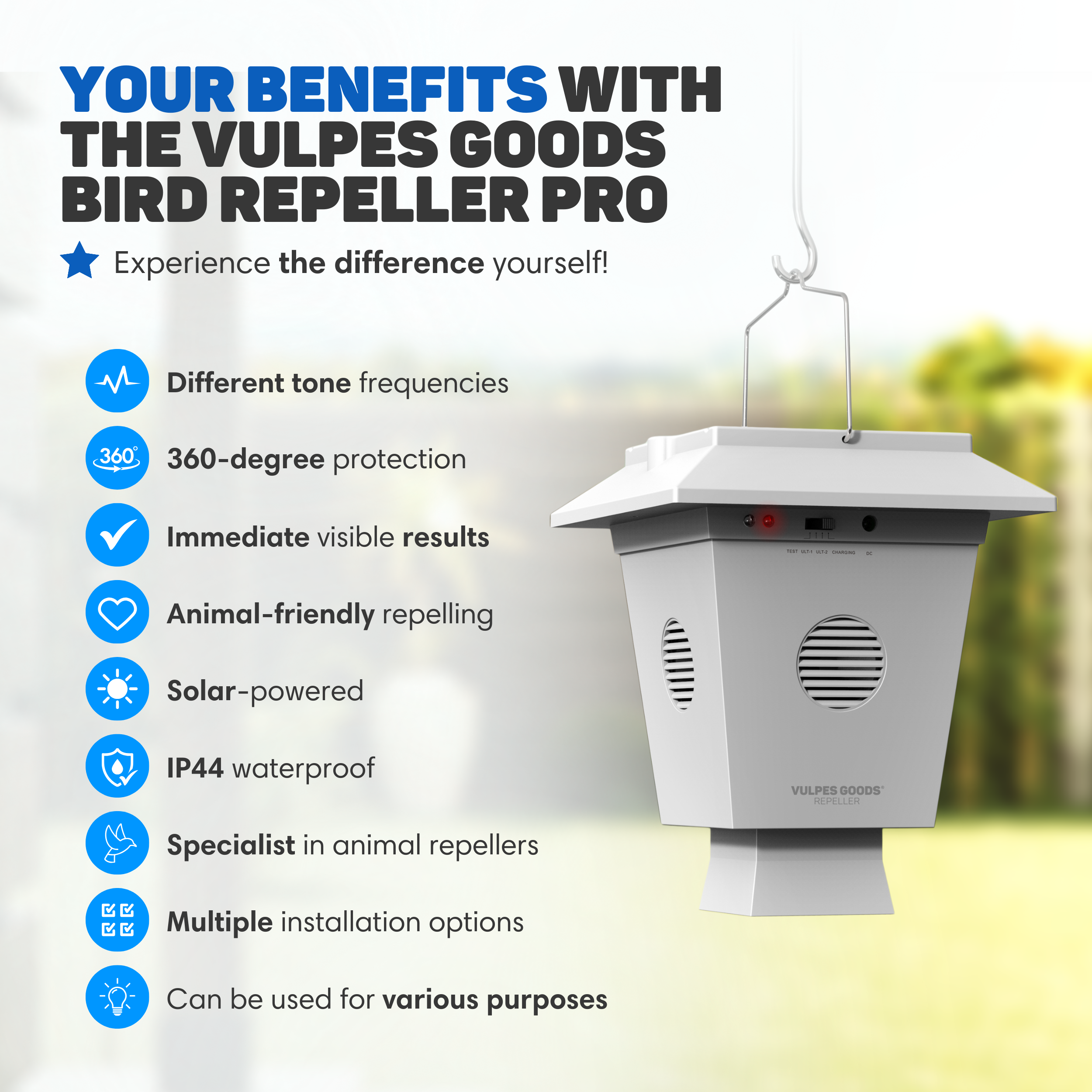 White bird repeller with text, features, and icons. Has a hanging loop. Green and yellow blurred background.