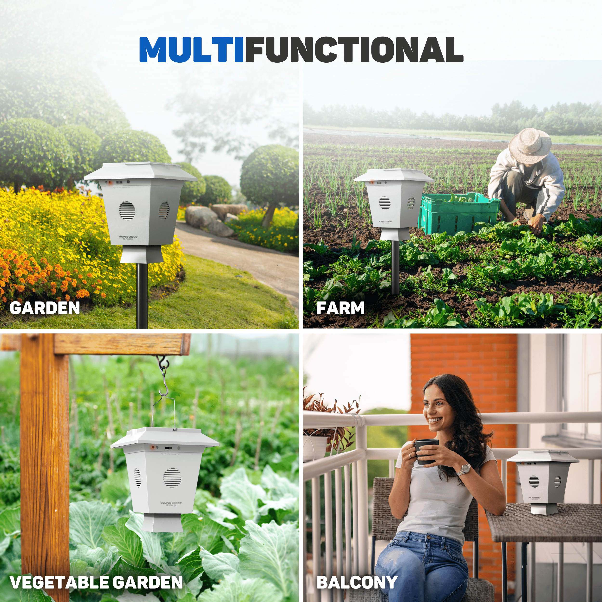 A multifunctional device is shown in four different settings: garden, farm, vegetable garden, and balcony.