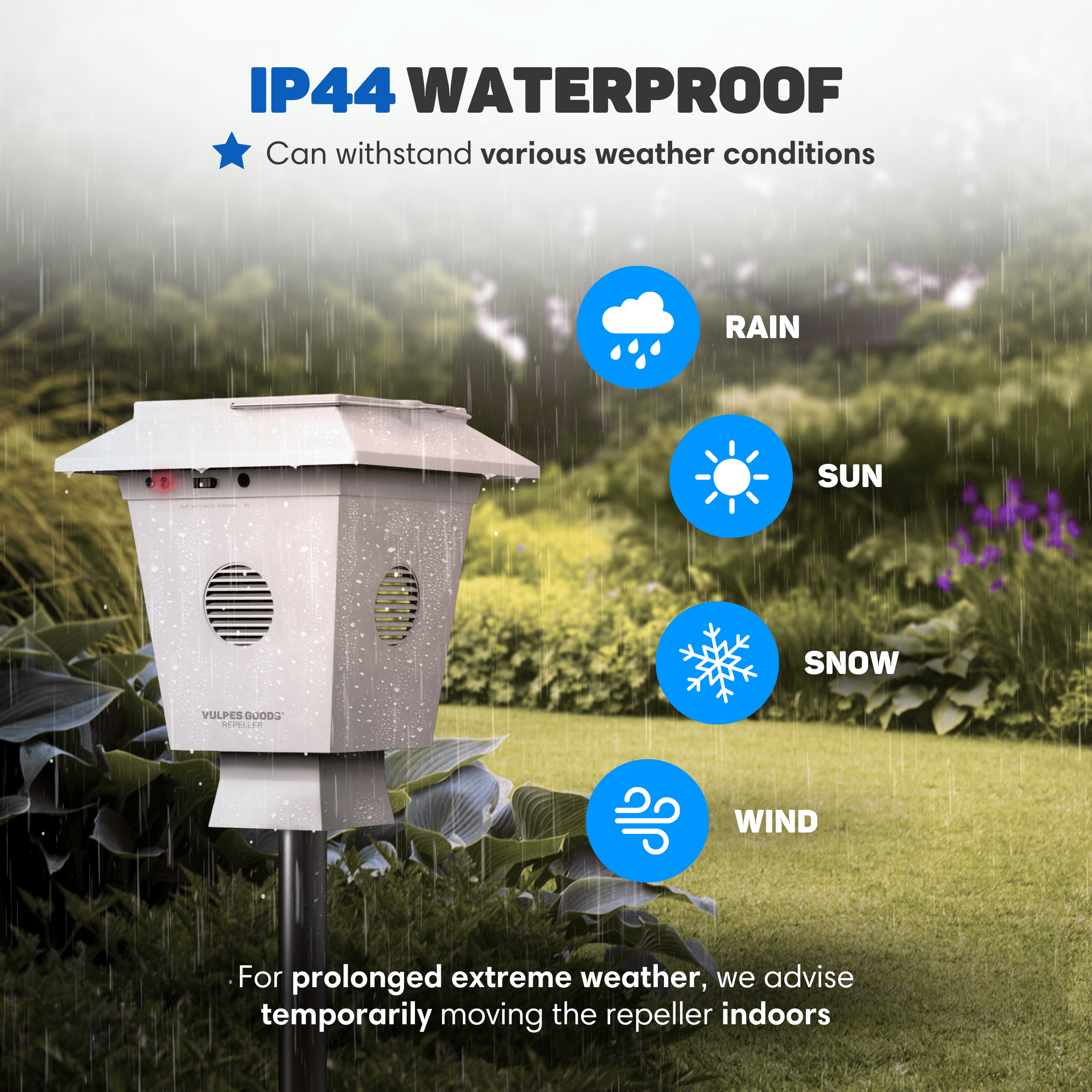 A white insect repeller in the rain. Icons show rain, sun, snow, and wind resistance.
