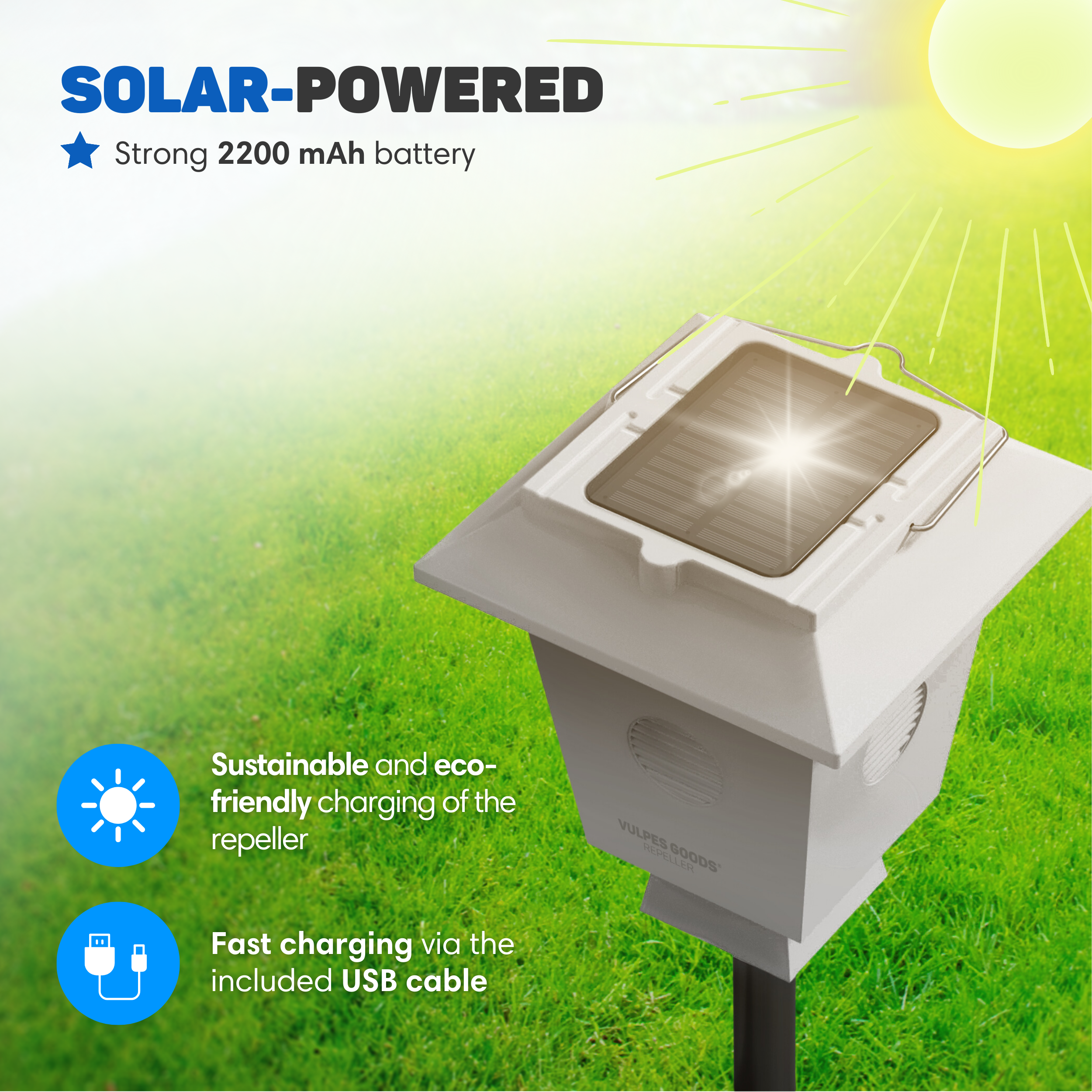 A white solar-powered device on grass. A sun shines above it. Text reads: SOLAR-POWERED, Sustainable & Fast charging.