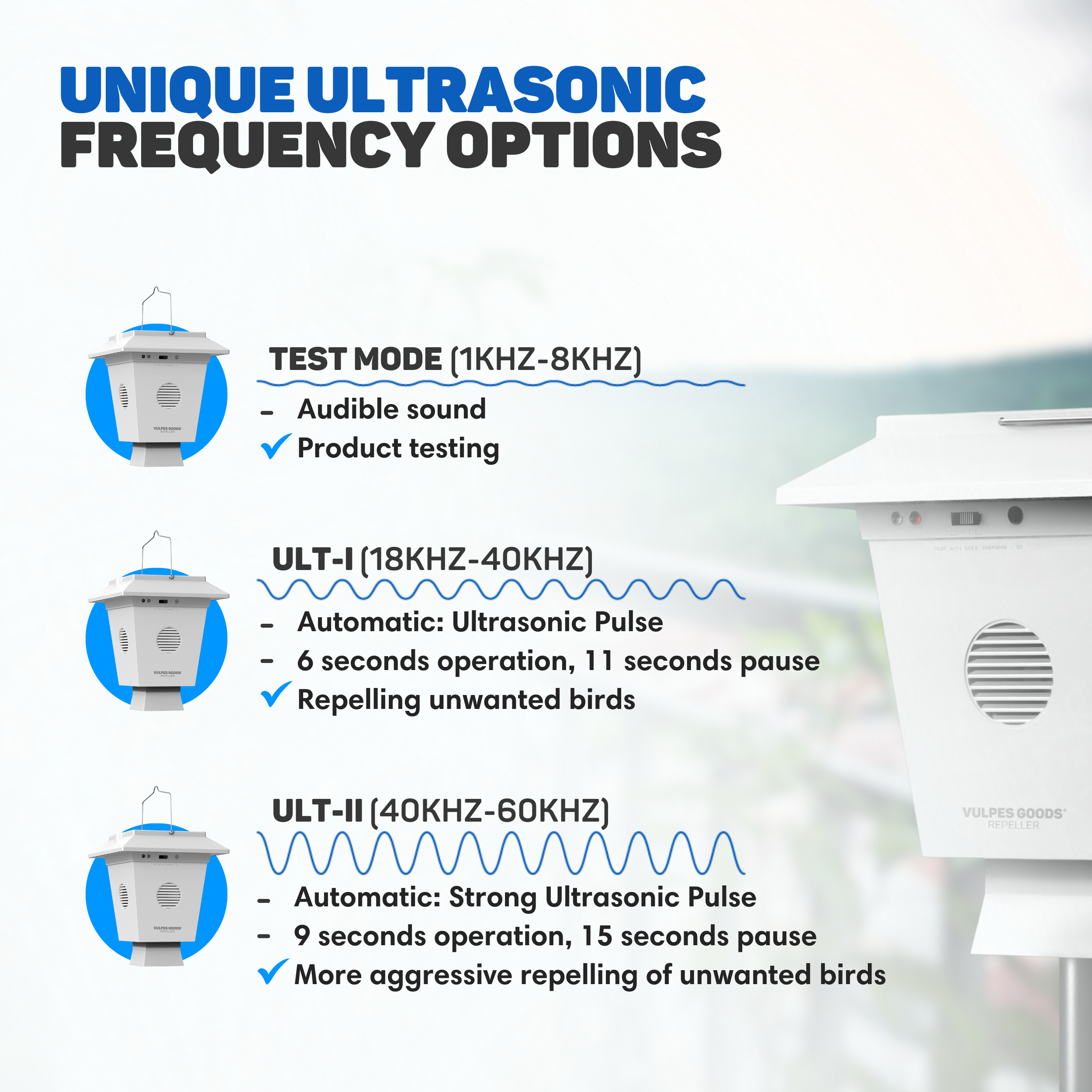 Image shows an ultrasonic repeller with frequency options. Text describes test, ULT-I, and ULT-II modes and their functions.